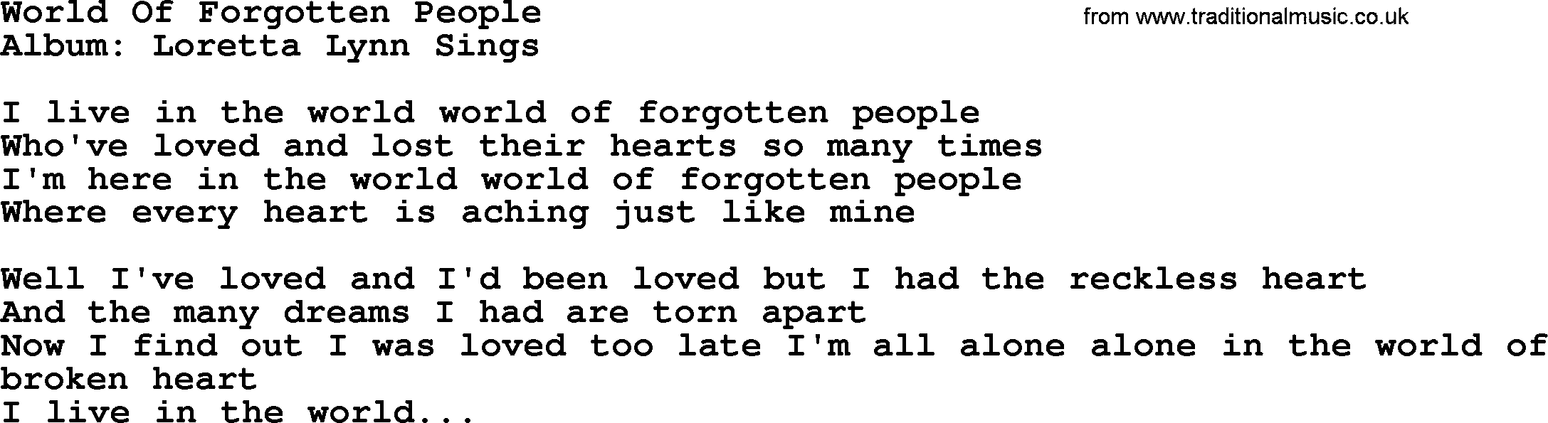 Loretta Lynn song: World Of Forgotten People lyrics