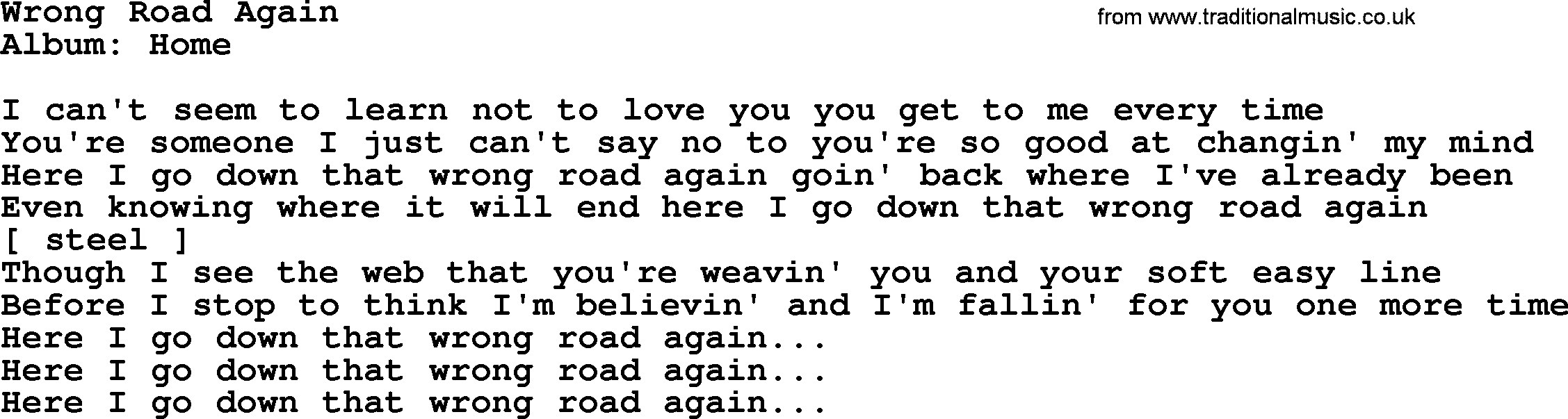 Loretta Lynn song: Wrong Road Again lyrics