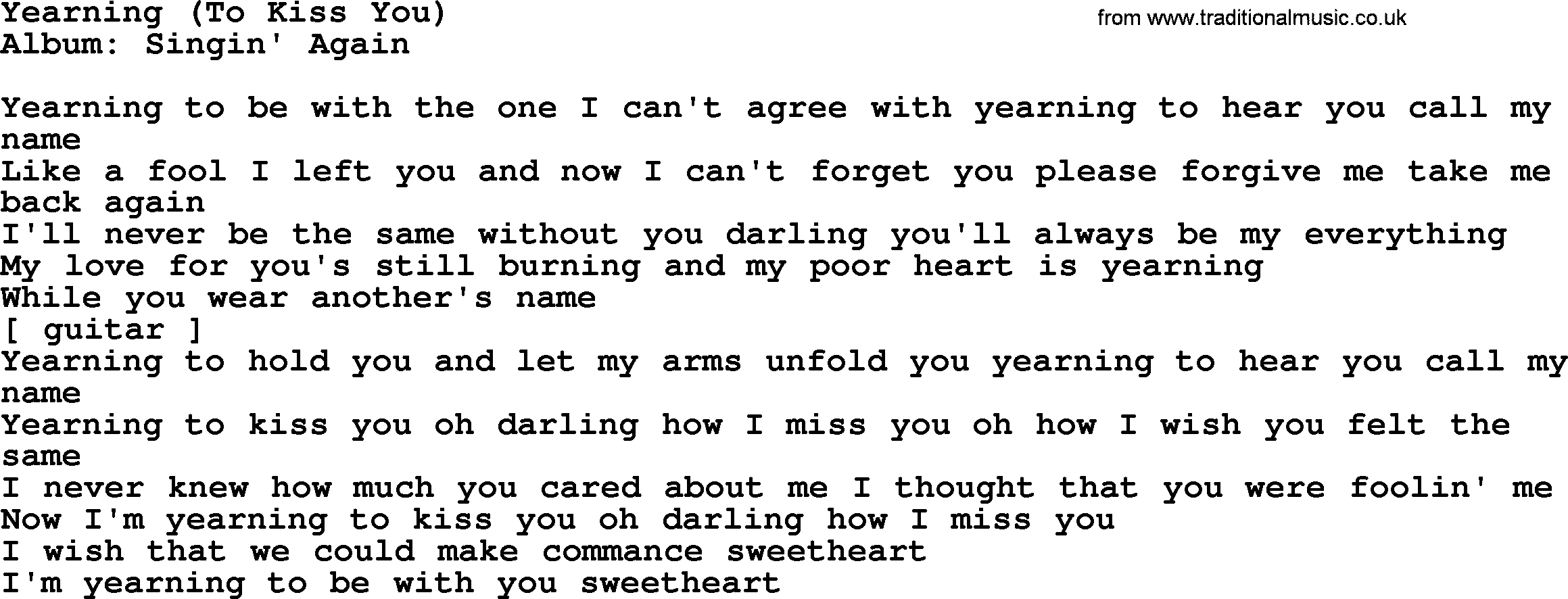 Loretta Lynn song: Yearning (To Kiss You) lyrics
