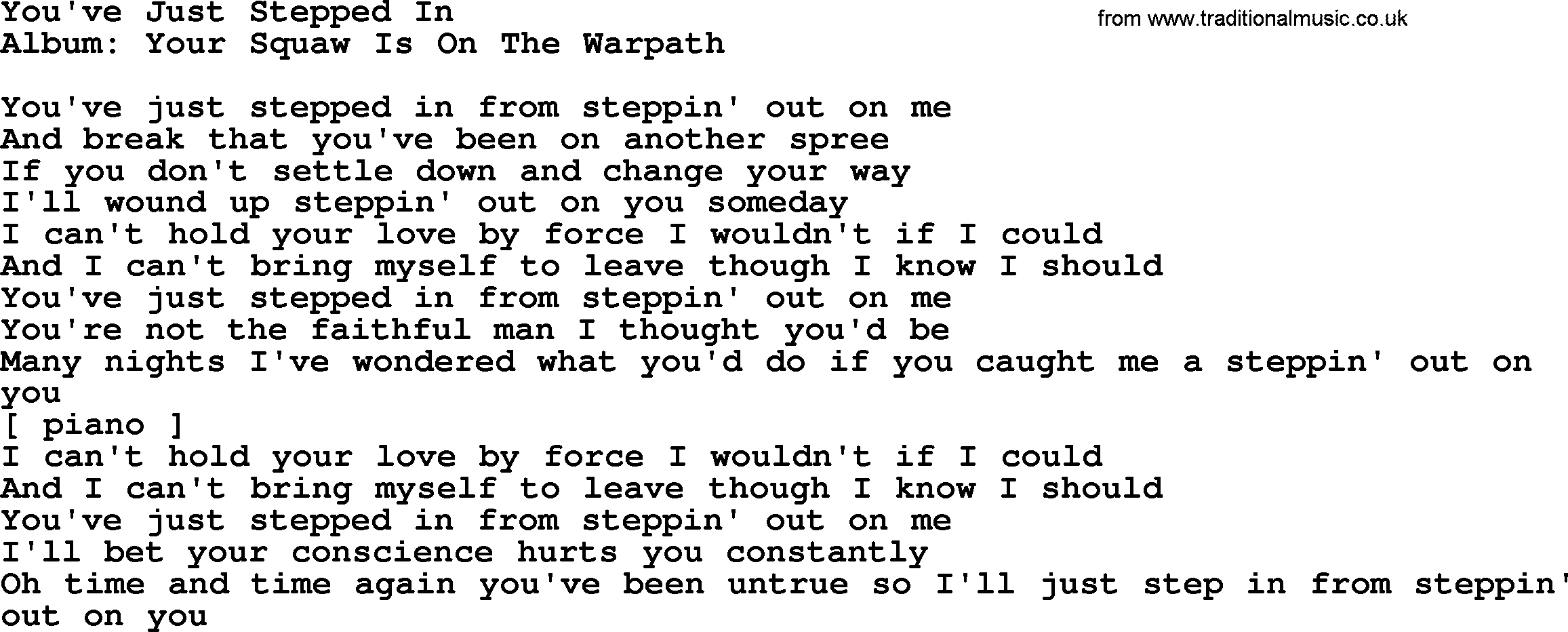 Loretta Lynn song: You've Just Stepped In lyrics