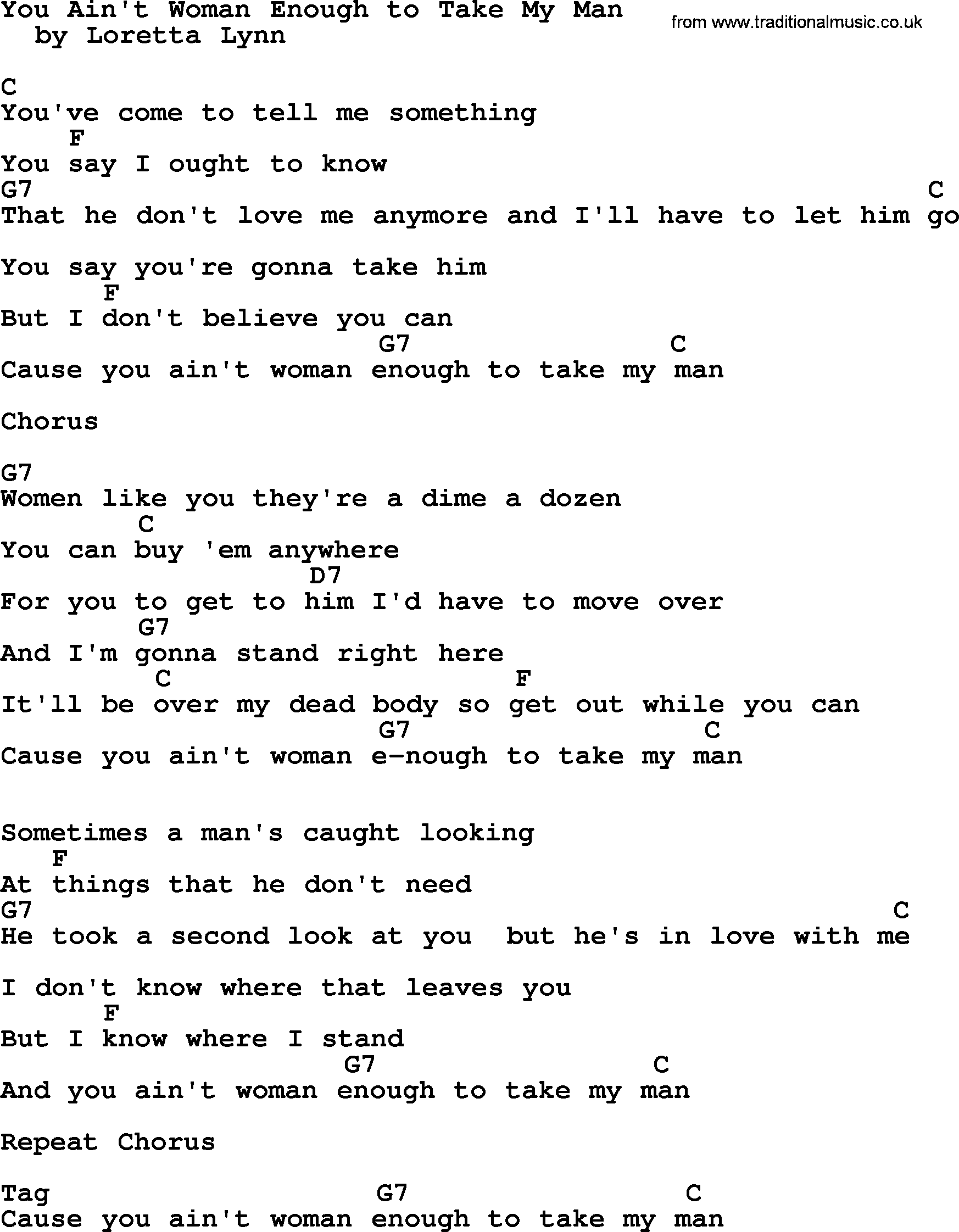 Loretta Lynn song: You Ain't Woman Enough To Take My Man lyrics and chords