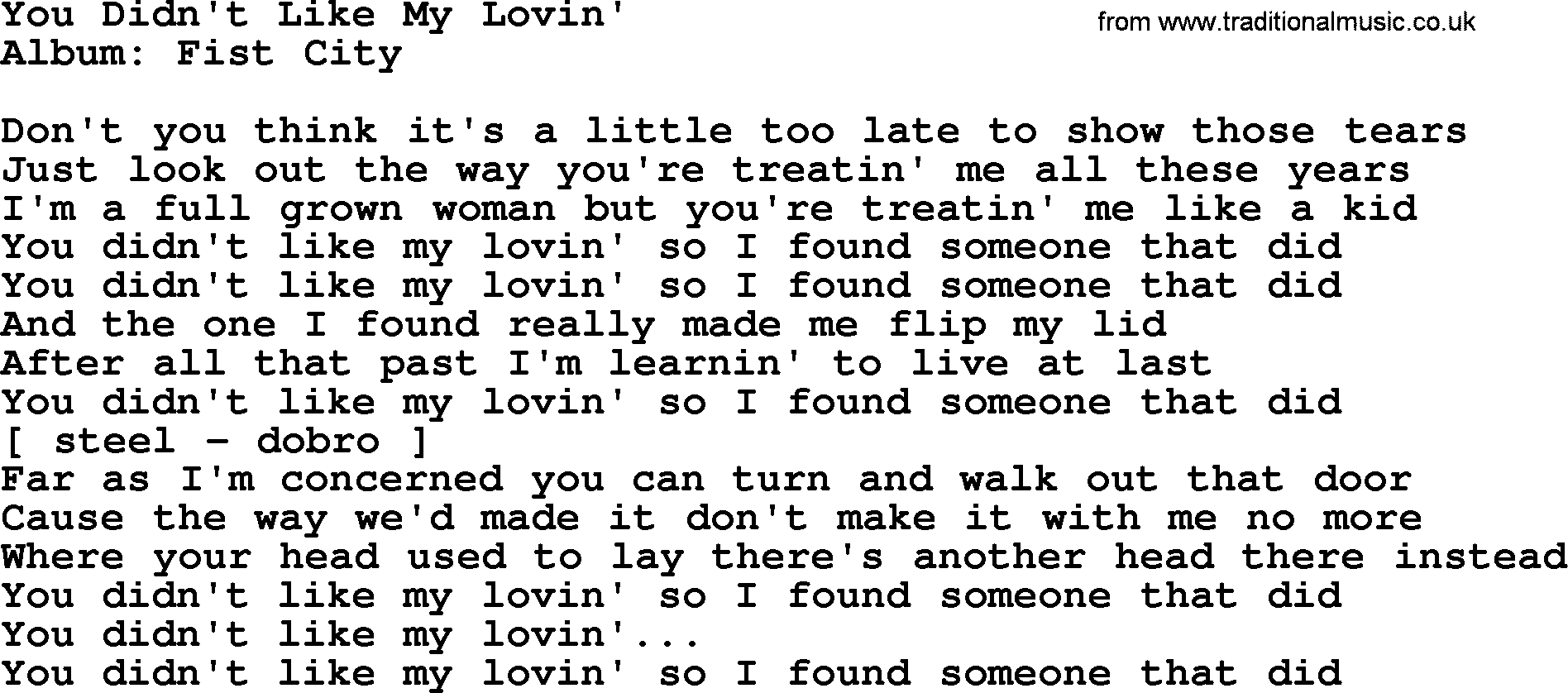 Loretta Lynn song: You Didn't Like My Lovin' lyrics