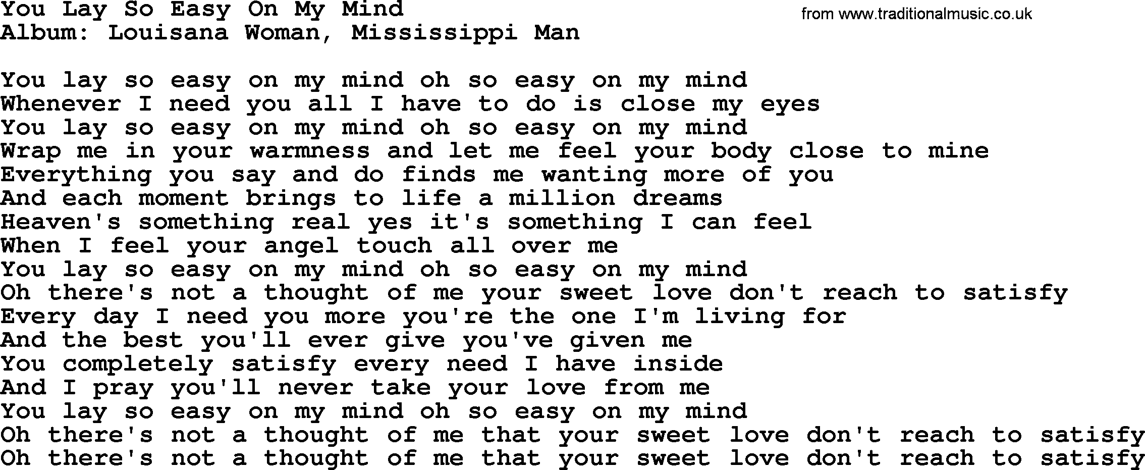 Loretta Lynn song: You Lay So Easy On My Mind lyrics