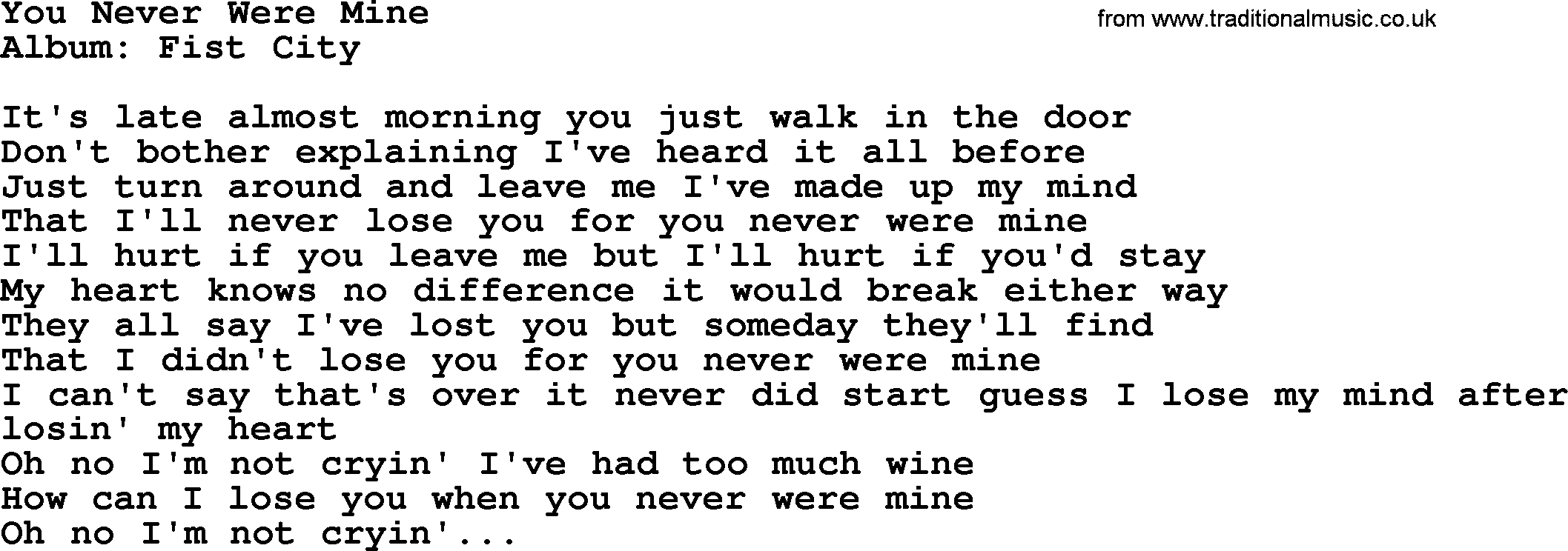 Loretta Lynn song: You Never Were Mine lyrics