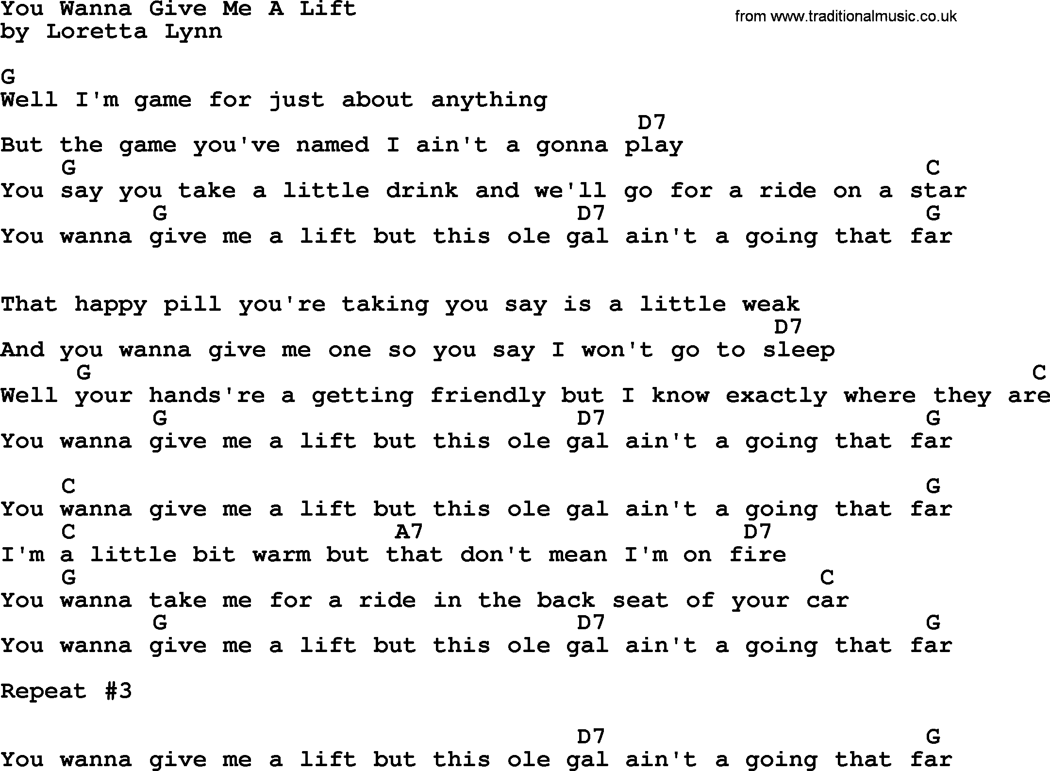Loretta Lynn song: You Wanna Give Me A Lift lyrics and chords