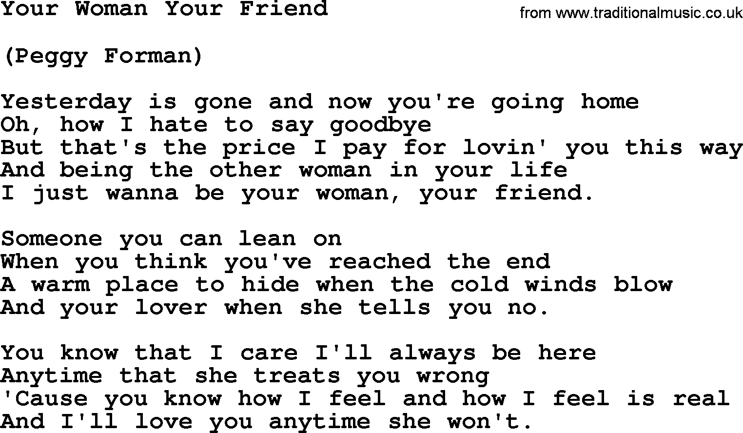 Loretta Lynn song: Your Woman Your Friend lyrics