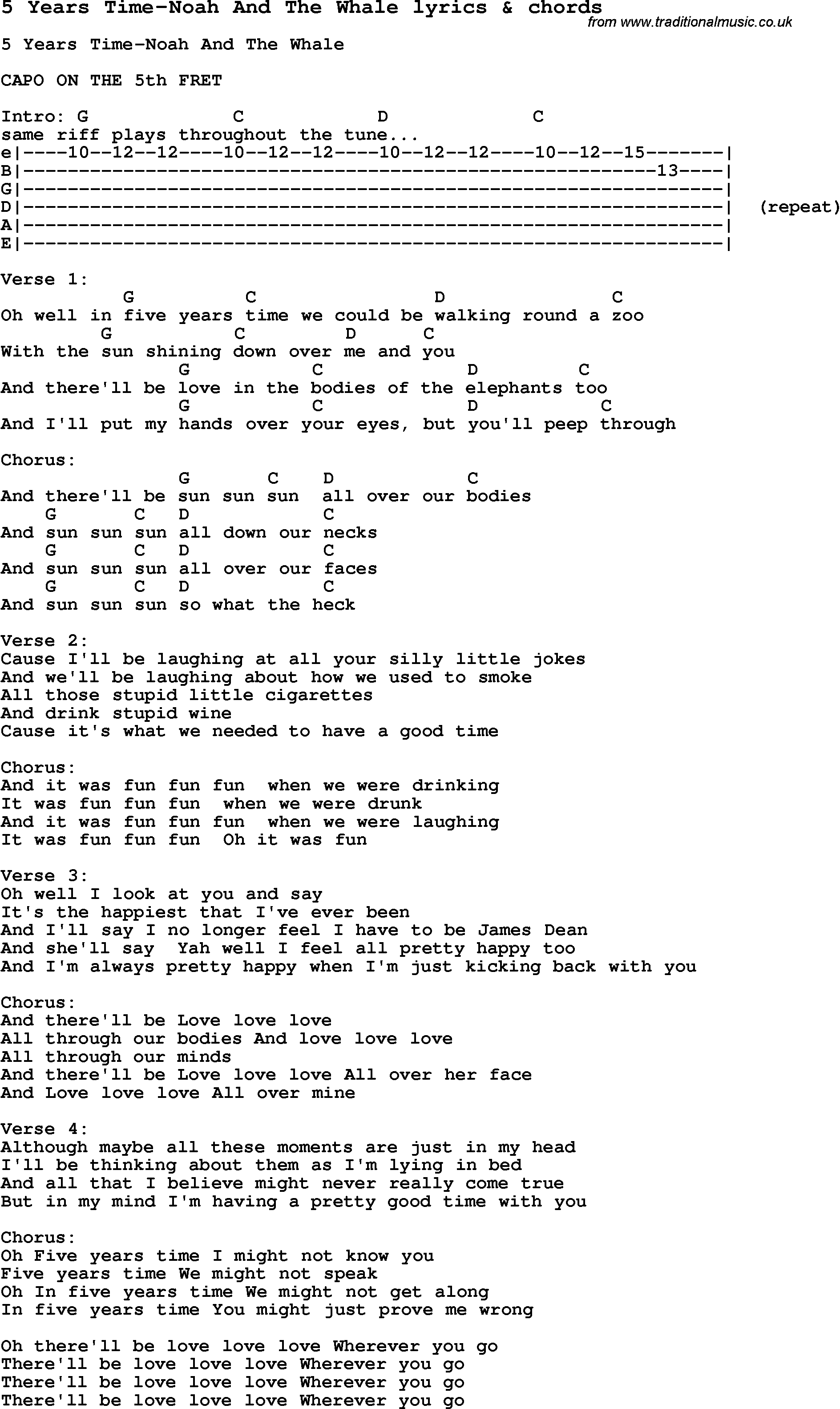 Love Song Lyrics for: 5 Years Time-Noah And The Whale with chords for Ukulele, Guitar Banjo etc.