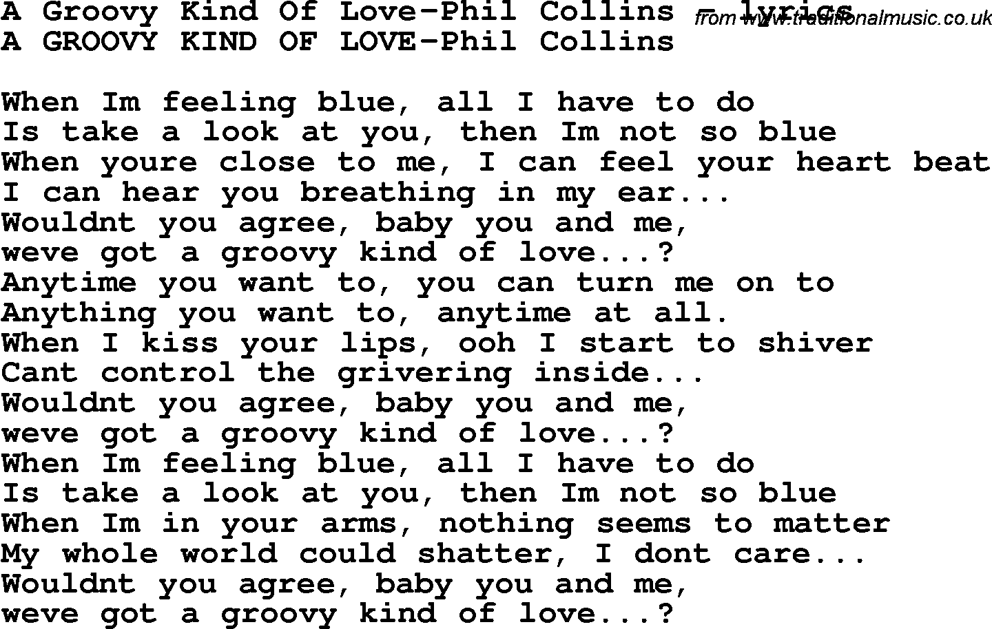 Love Song Lyrics for: A Groovy Kind Of Love-Phil Collins