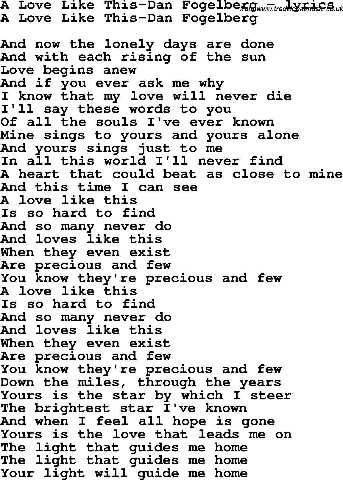 Love Song Lyrics for: A Love Like This-Dan Fogelberg