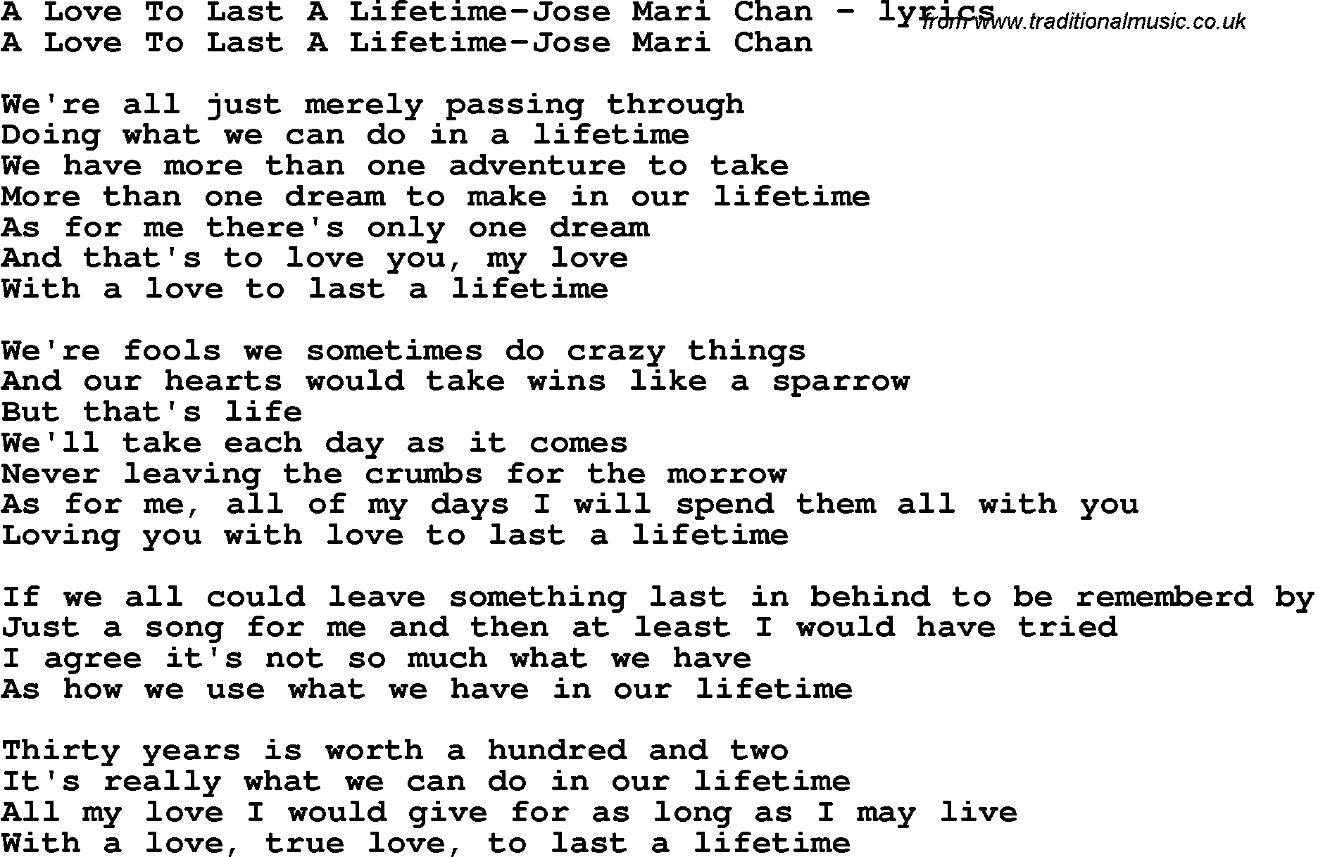 Love Song Lyrics for: A Love To Last A Lifetime-Jose Mari Chan