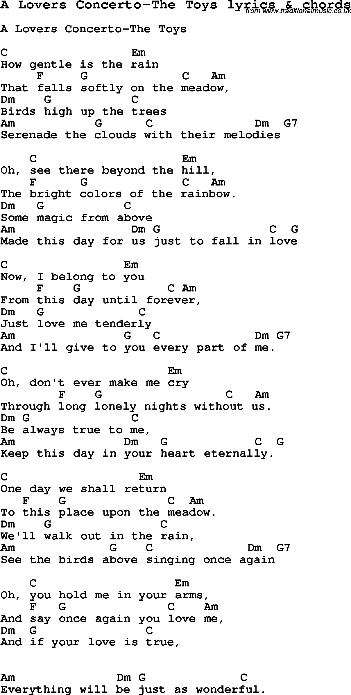 Love Song Lyrics for: A Lovers Concerto-The Toys with chords for Ukulele, Guitar Banjo etc.