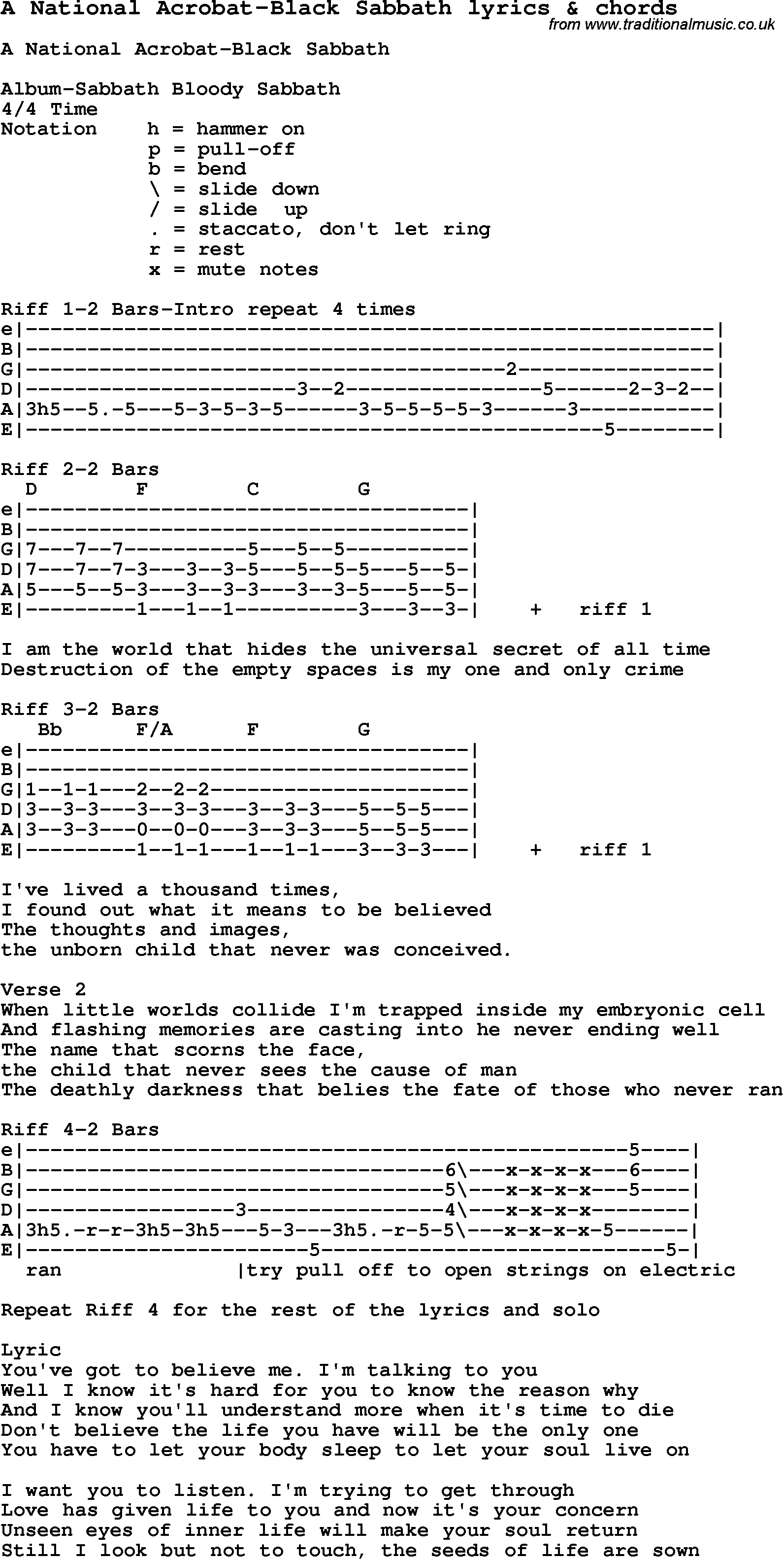 Love Song Lyrics for: A National Acrobat-Black Sabbath with chords for Ukulele, Guitar Banjo etc.