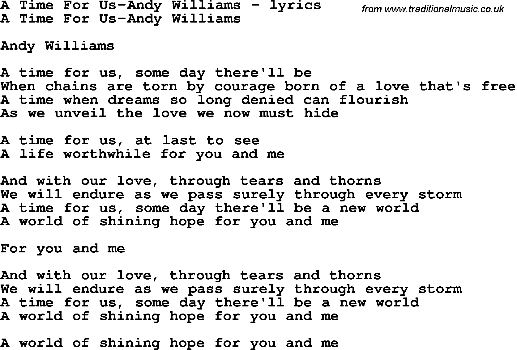 Love Song Lyrics for: A Time For Us-Andy Williams