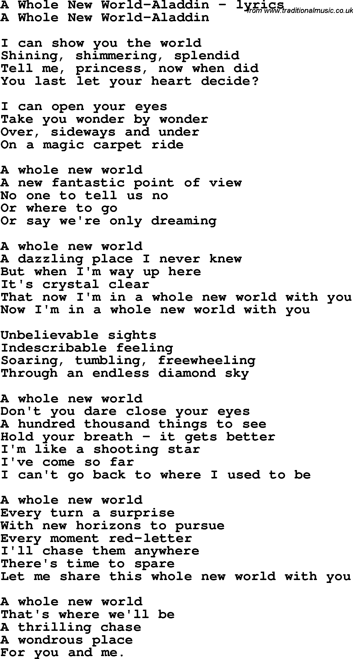 Love Song Lyrics for: A Whole New World-Aladdin