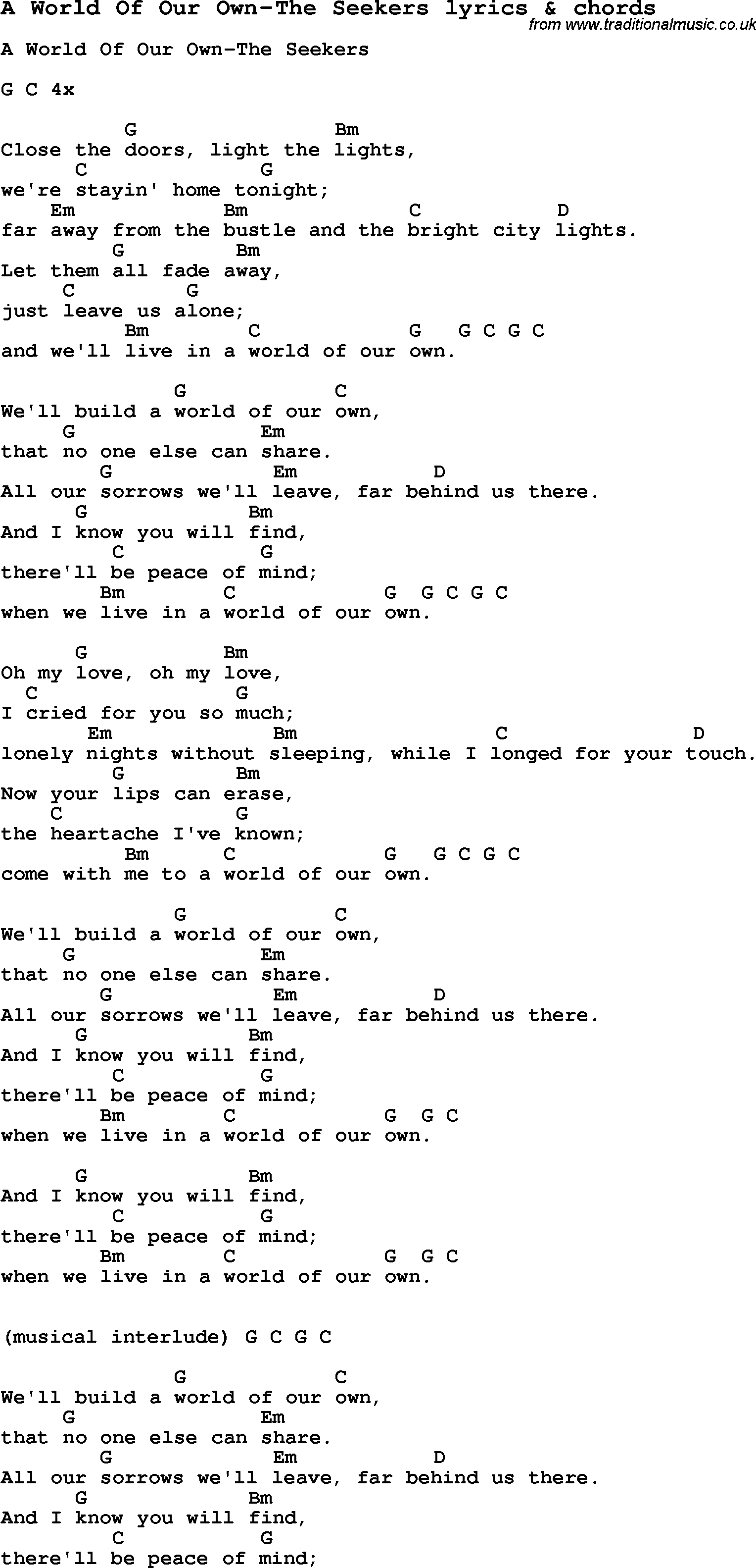Love Song Lyrics for: A World Of Our Own-The Seekers with chords for Ukulele, Guitar Banjo etc.