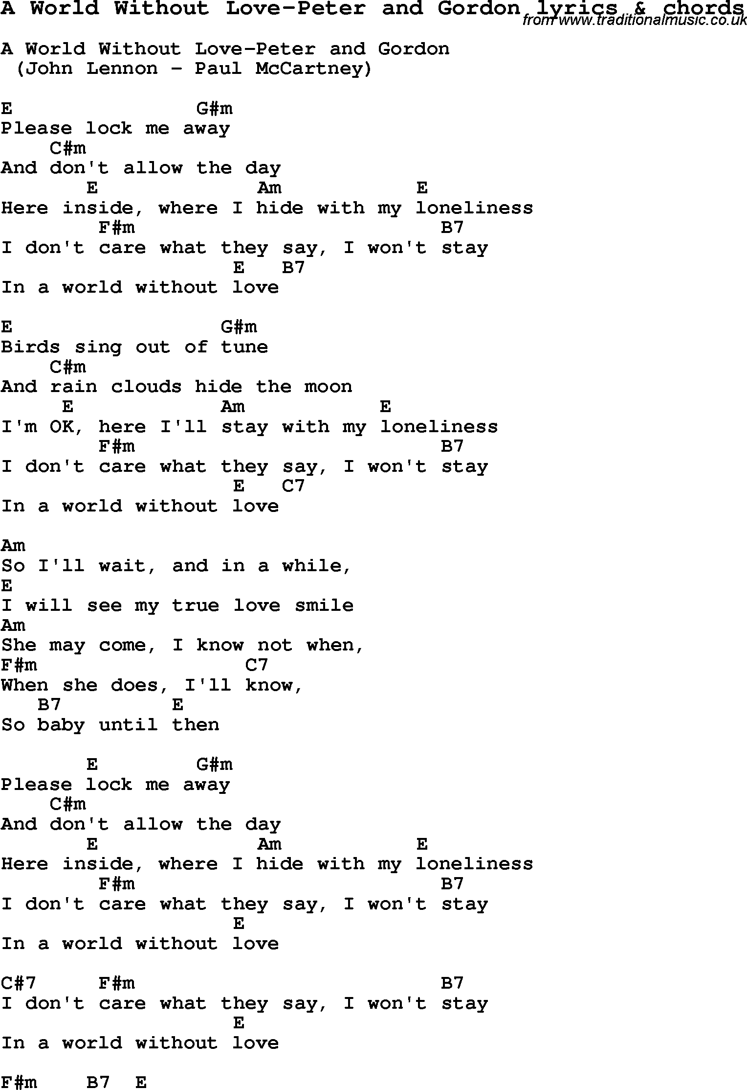 Love Song Lyrics for: A World Without Love-Peter and Gordon with chords for Ukulele, Guitar Banjo etc.