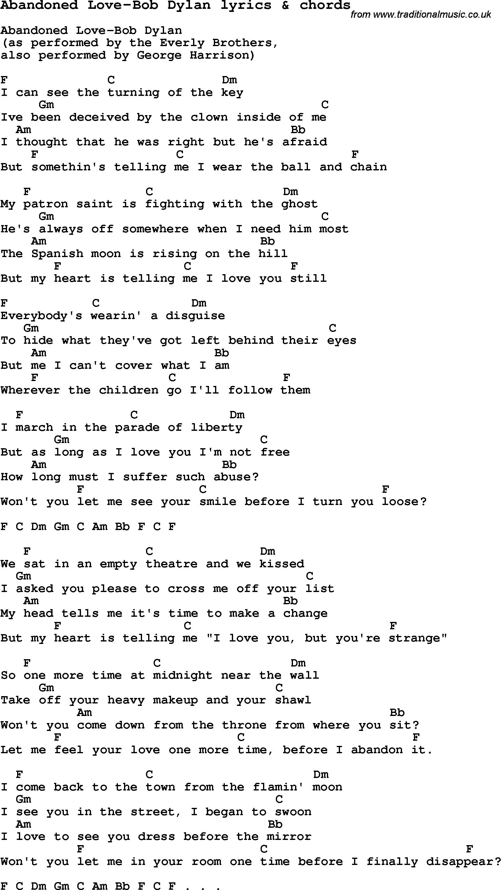 Love Song Lyrics for: Abandoned Love-Bob Dylan with chords for Ukulele, Guitar Banjo etc.