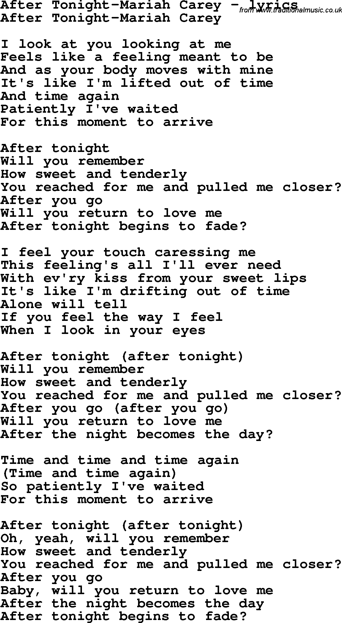Love Song Lyrics for: After Tonight-Mariah Carey
