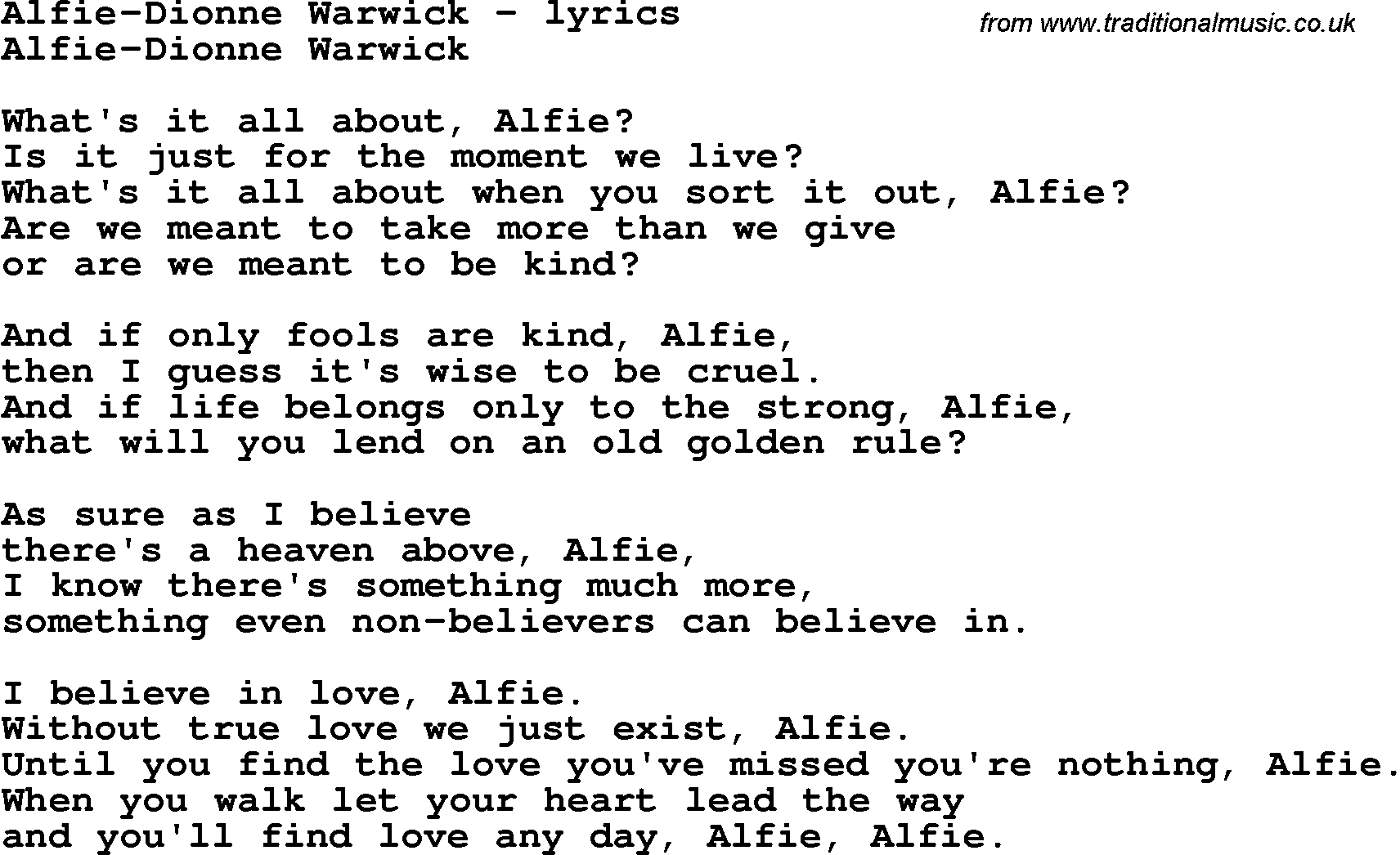 Love Song Lyrics for: Alfie-Dionne Warwick