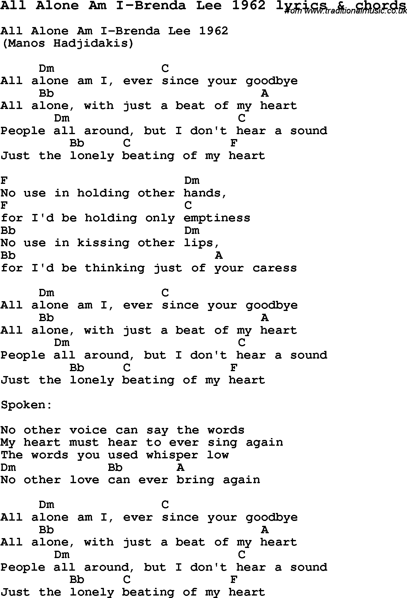 Love Song Lyrics for: All Alone Am I-Brenda Lee 1962 with chords for Ukulele, Guitar Banjo etc.
