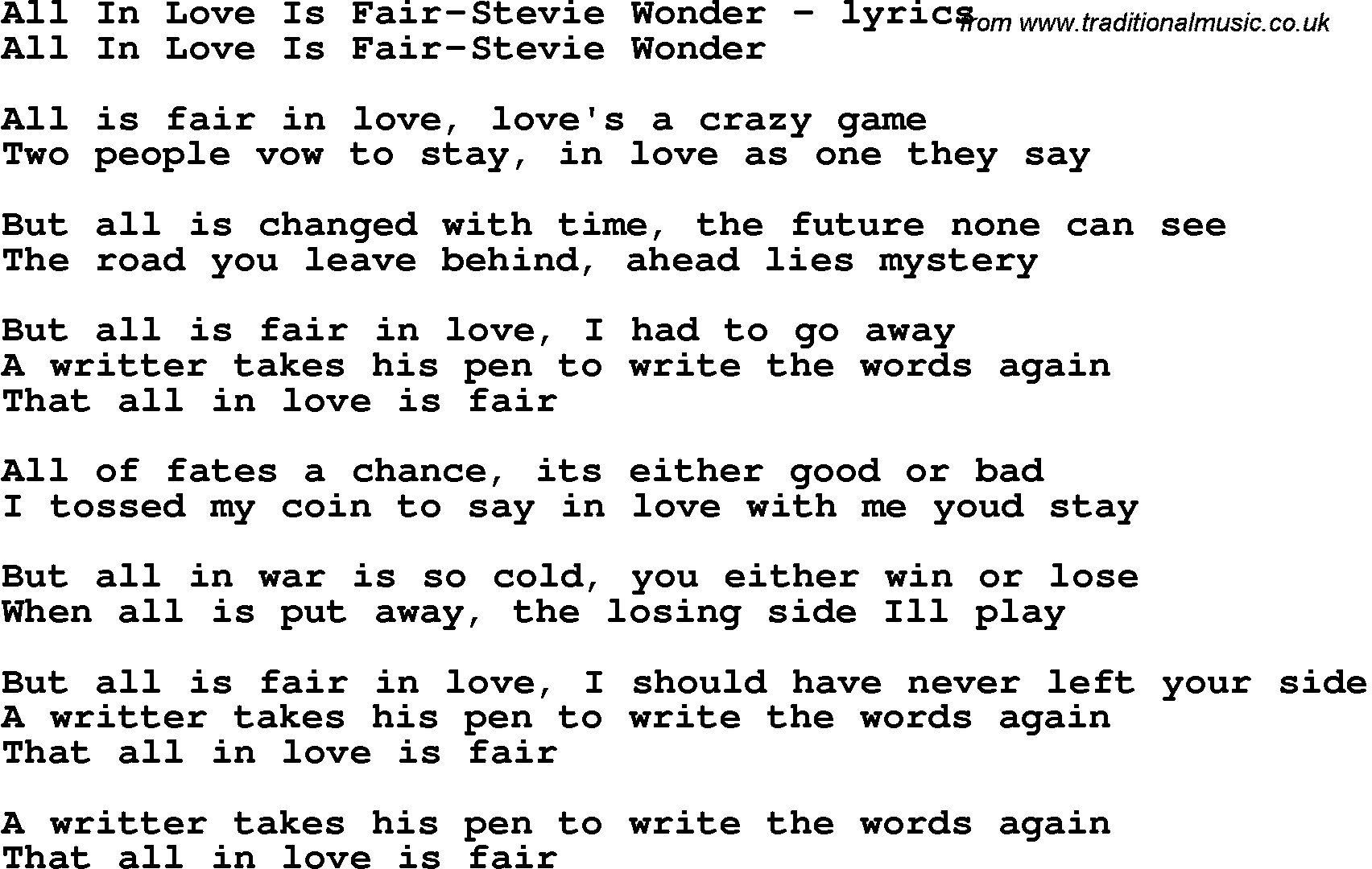 Love Song Lyrics for: All In Love Is Fair-Stevie Wonder