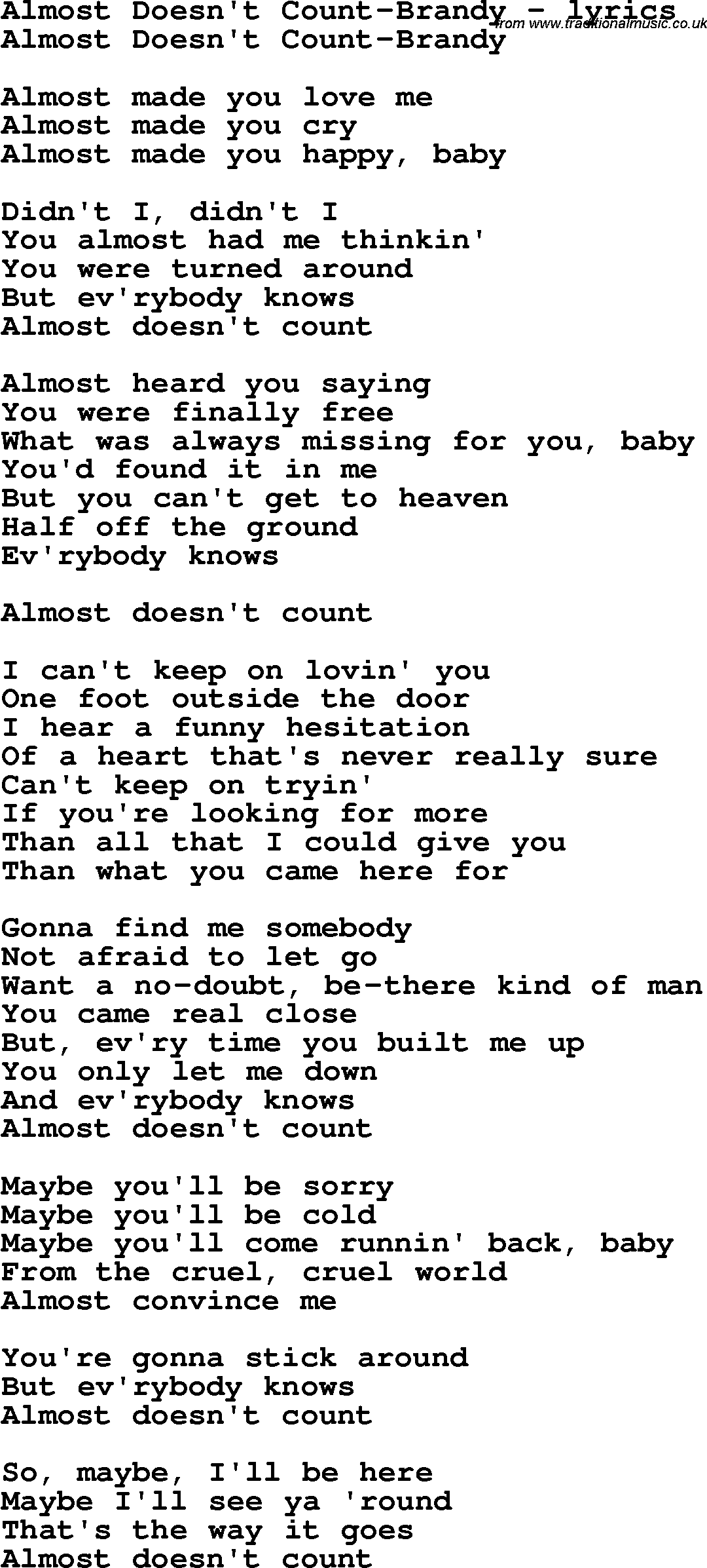 Love Song Lyrics for: Almost Doesn't Count-Brandy