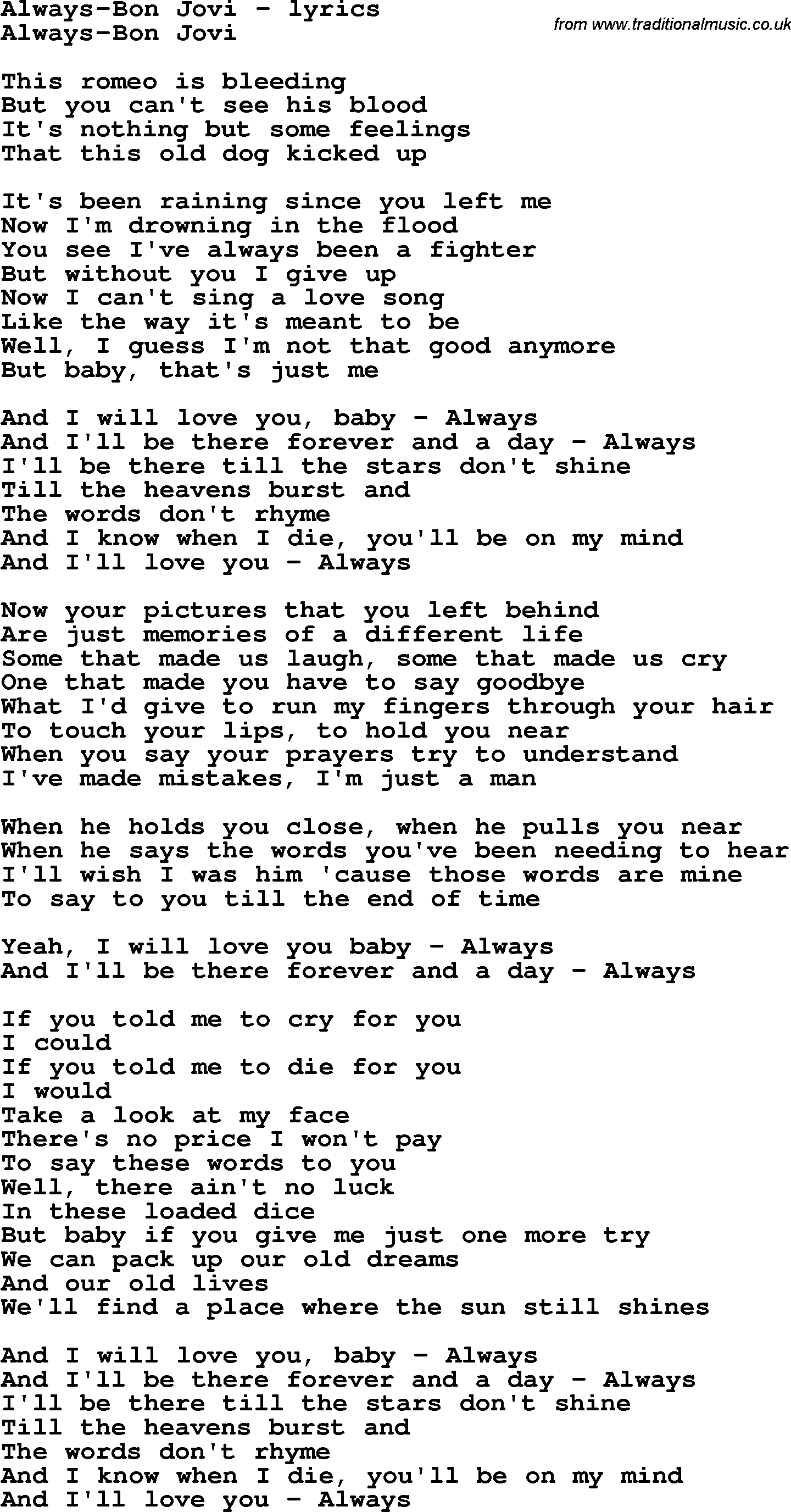 Love Song Lyrics for: Always-Bon Jovi