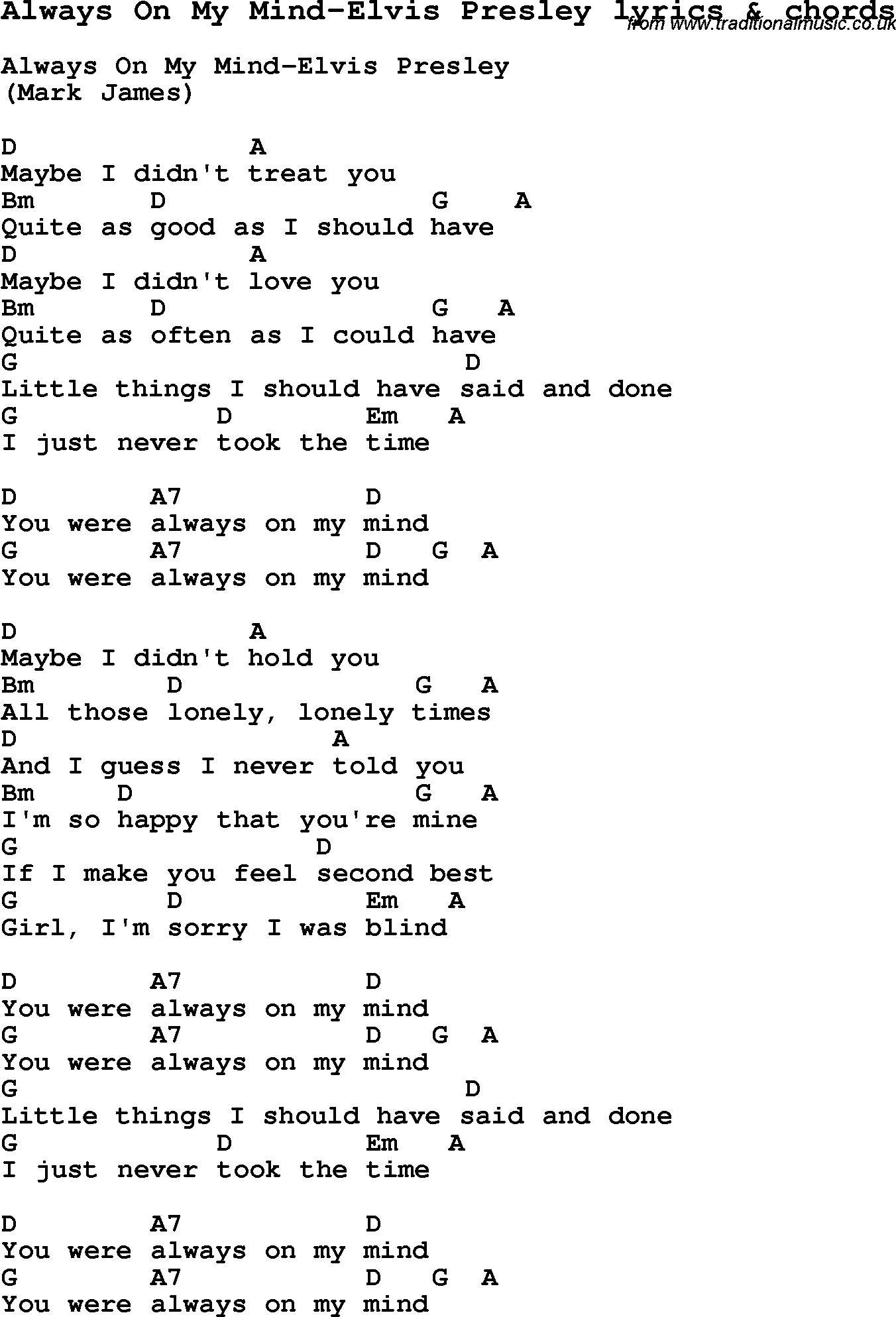 Love Song Lyrics for: Always On My Mind-Elvis Presley with chords for Ukulele, Guitar Banjo etc.