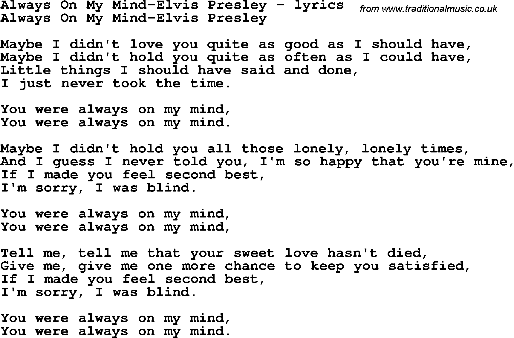 Love Song Lyrics for: Always On My Mind-Elvis Presley