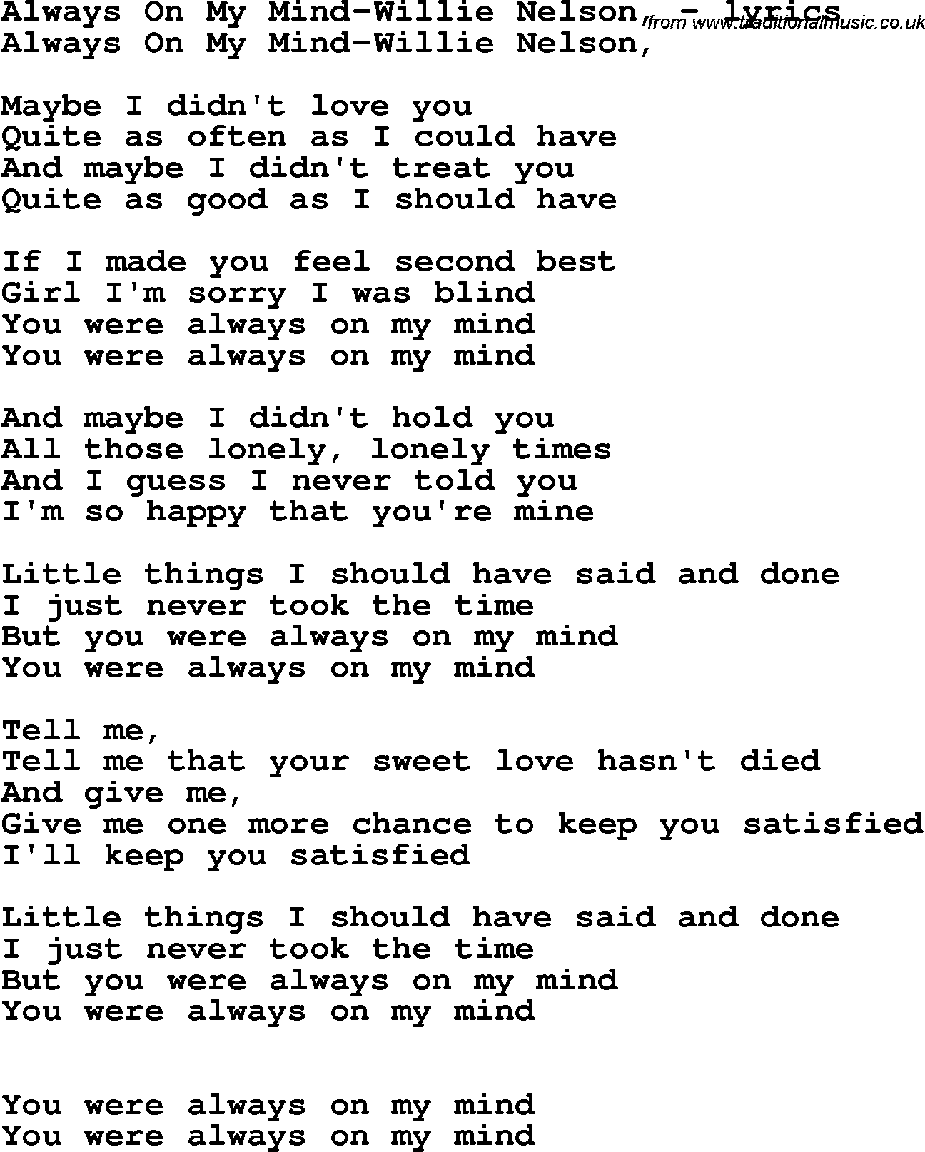 Love Song Lyrics for: Always On My Mind-Willie Nelson,
