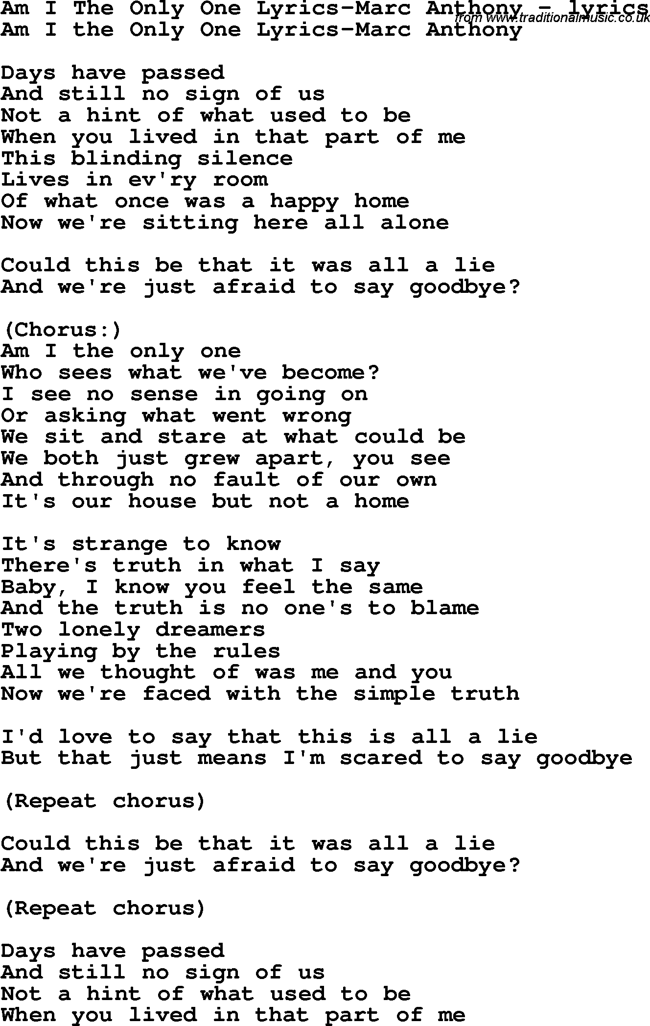 Love Song Lyrics for: Am I The Only One Lyrics-Marc Anthony