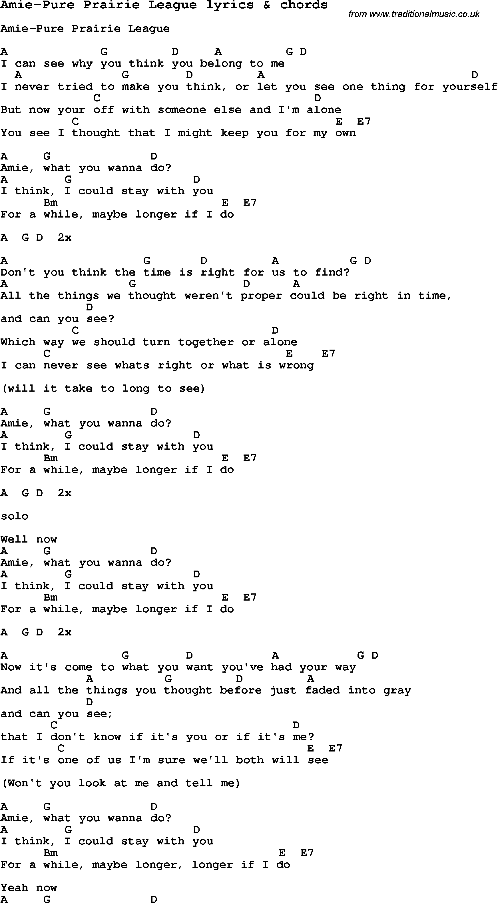 Love Song Lyrics for: Amie-Pure Prairie League with chords for Ukulele ...