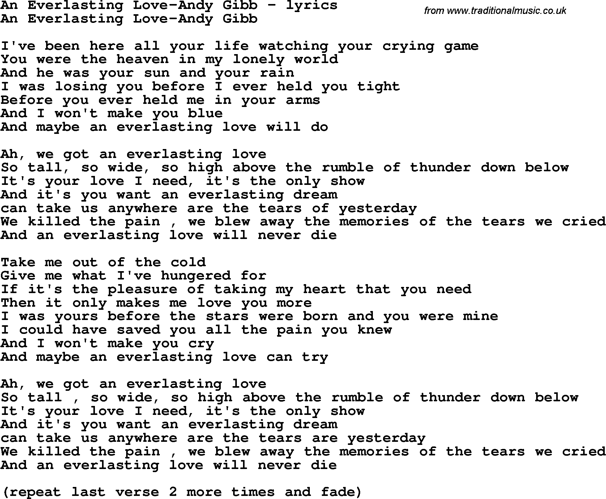 Love Song Lyrics for: An Everlasting Love-Andy Gibb