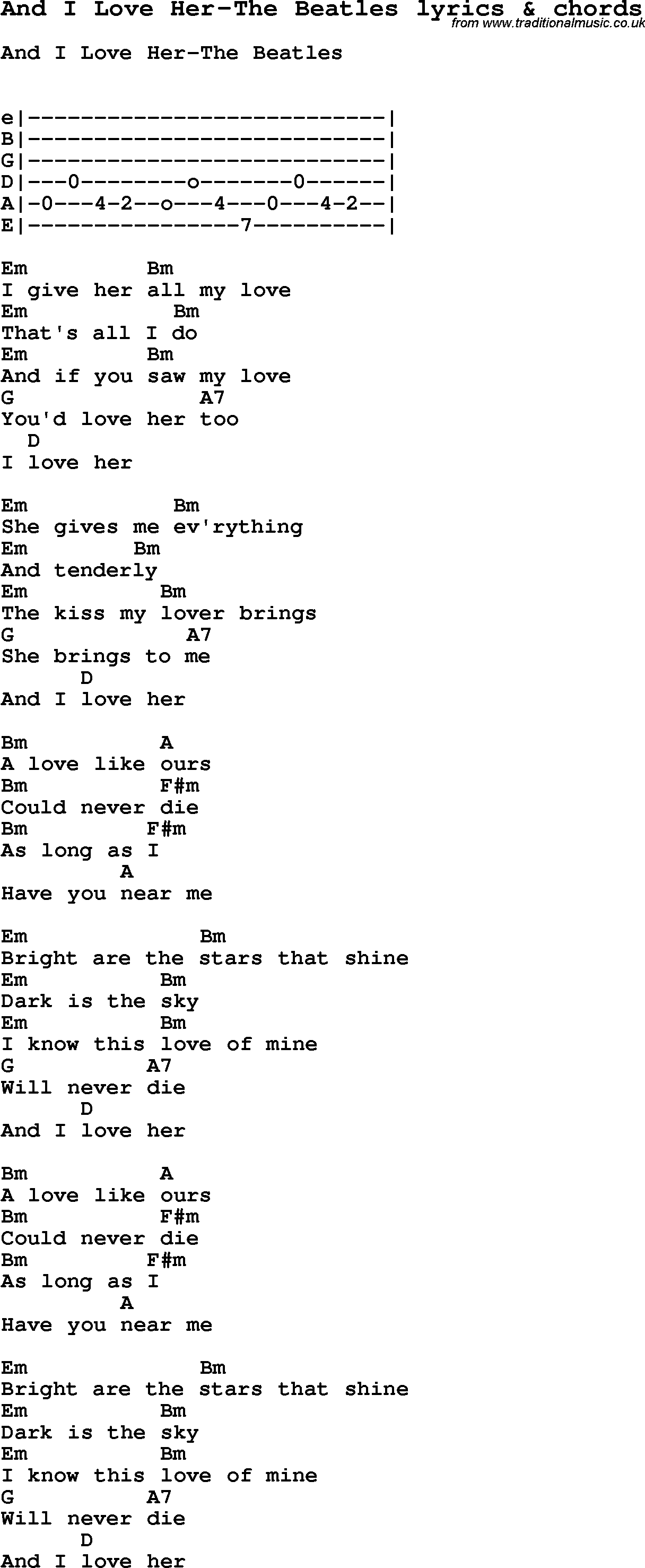 Love Song Lyrics For And I Love Her The Beatles With Chords