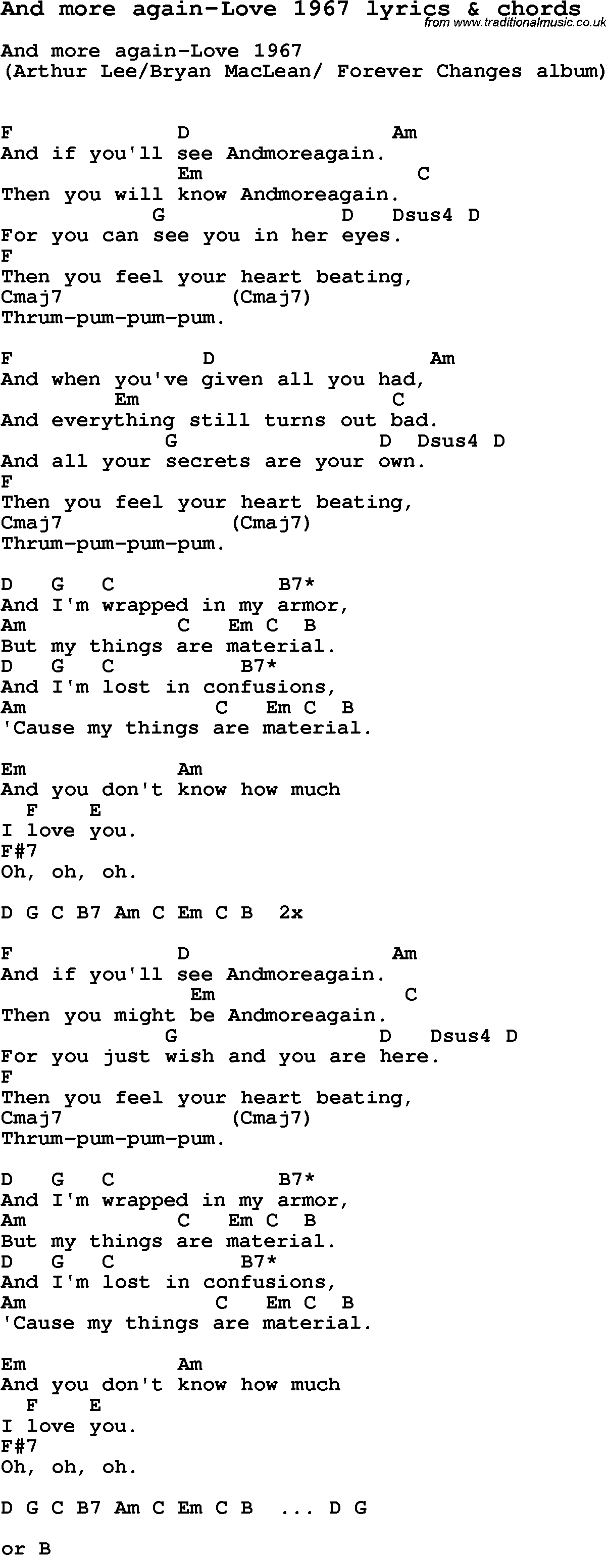 Love Song Lyrics for: And more again-Love 1967 with chords for Ukulele, Guitar Banjo etc.