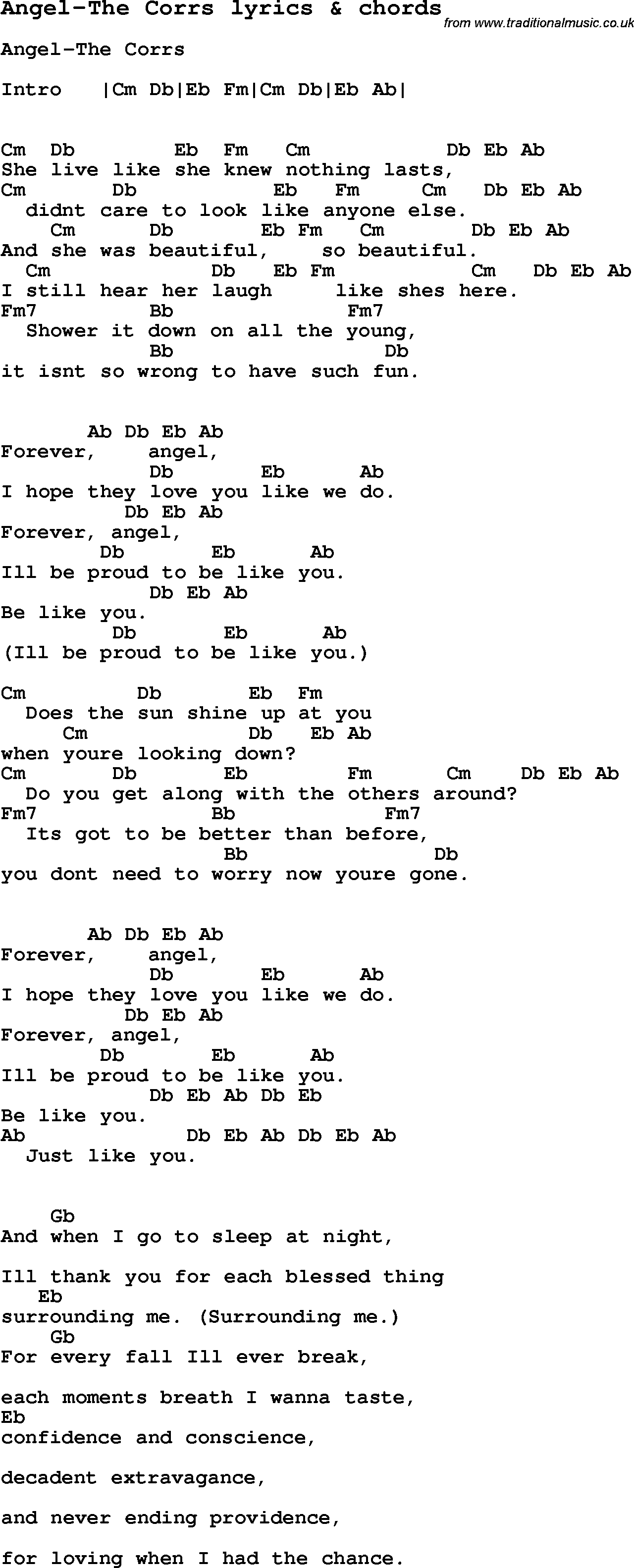 Love Song Lyrics for: Angel-The Corrs with chords for Ukulele, Guitar Banjo etc.