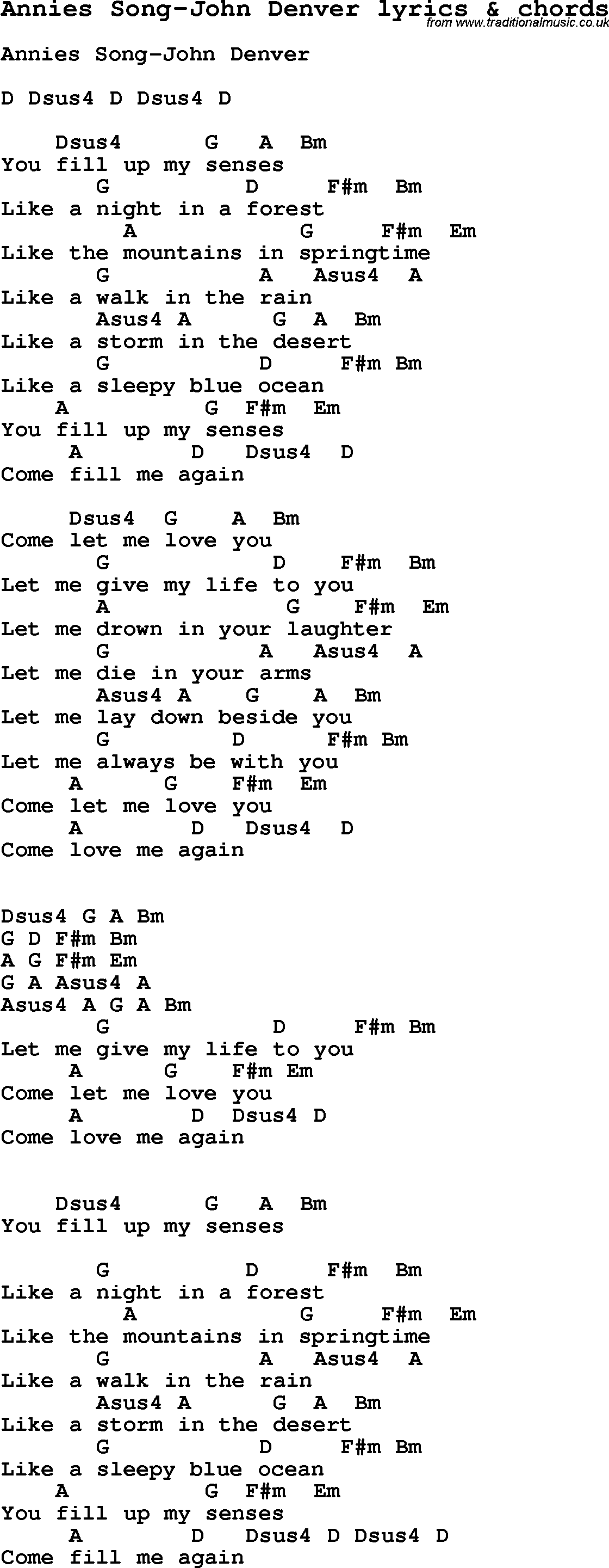 Love Song Lyrics for: Annies Song-John Denver with chords for Ukulele, Guitar Banjo etc.