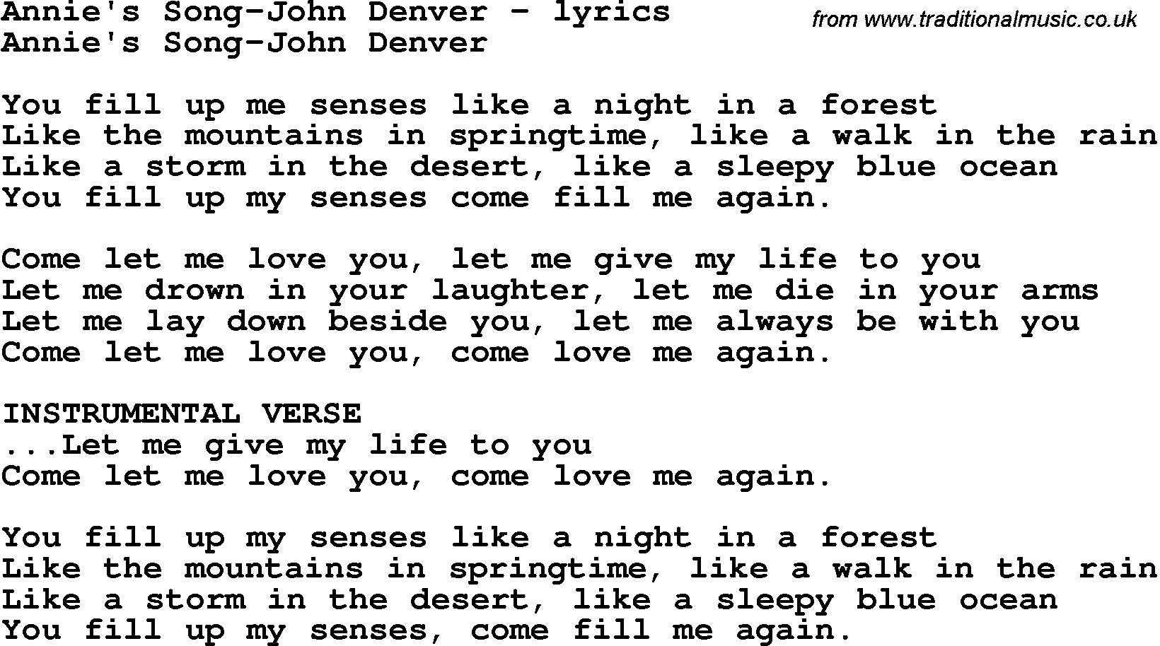 Love Song Lyrics for: Annie's Song-John Denver