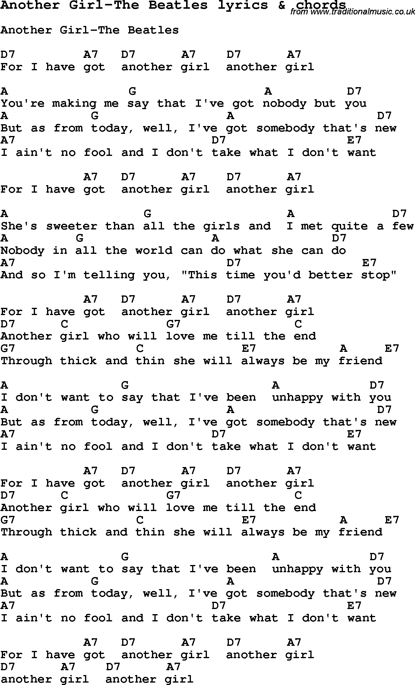 Love Song Lyrics for: Another Girl-The Beatles with chords for Ukulele, Guitar Banjo etc.