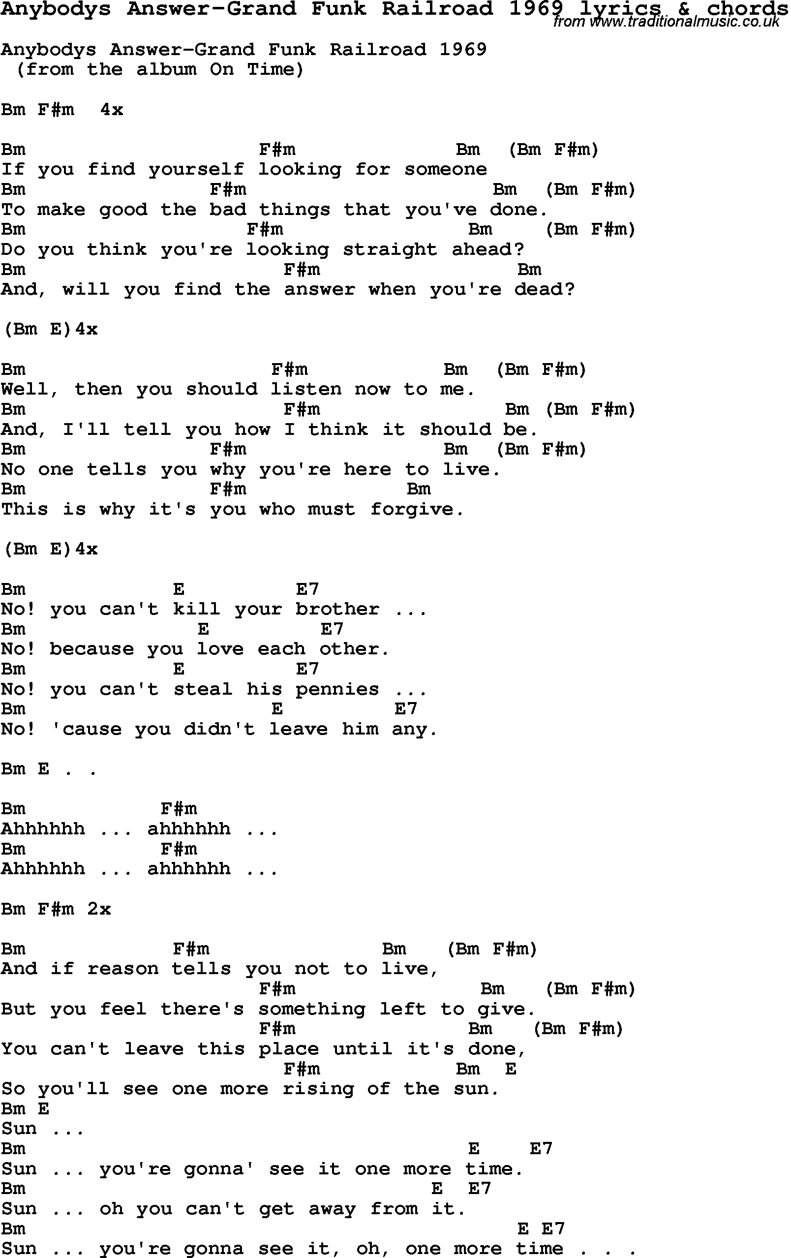 Love Song Lyrics for: Anybodys Answer-Grand Funk Railroad 1969 with chords for Ukulele, Guitar Banjo etc.