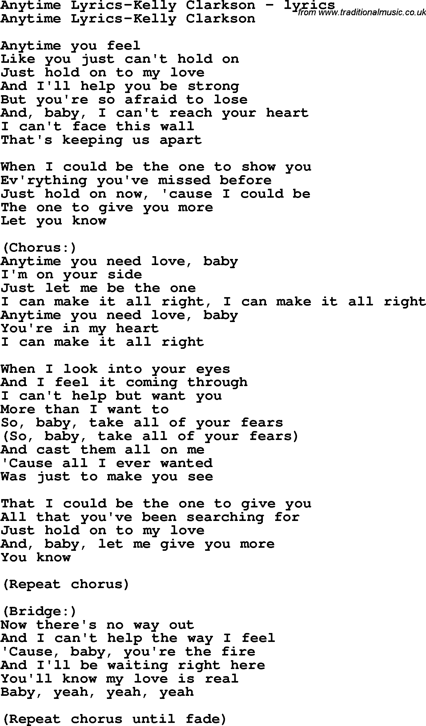Love Song Lyrics For Anytime Lyrics Kelly Clarkson