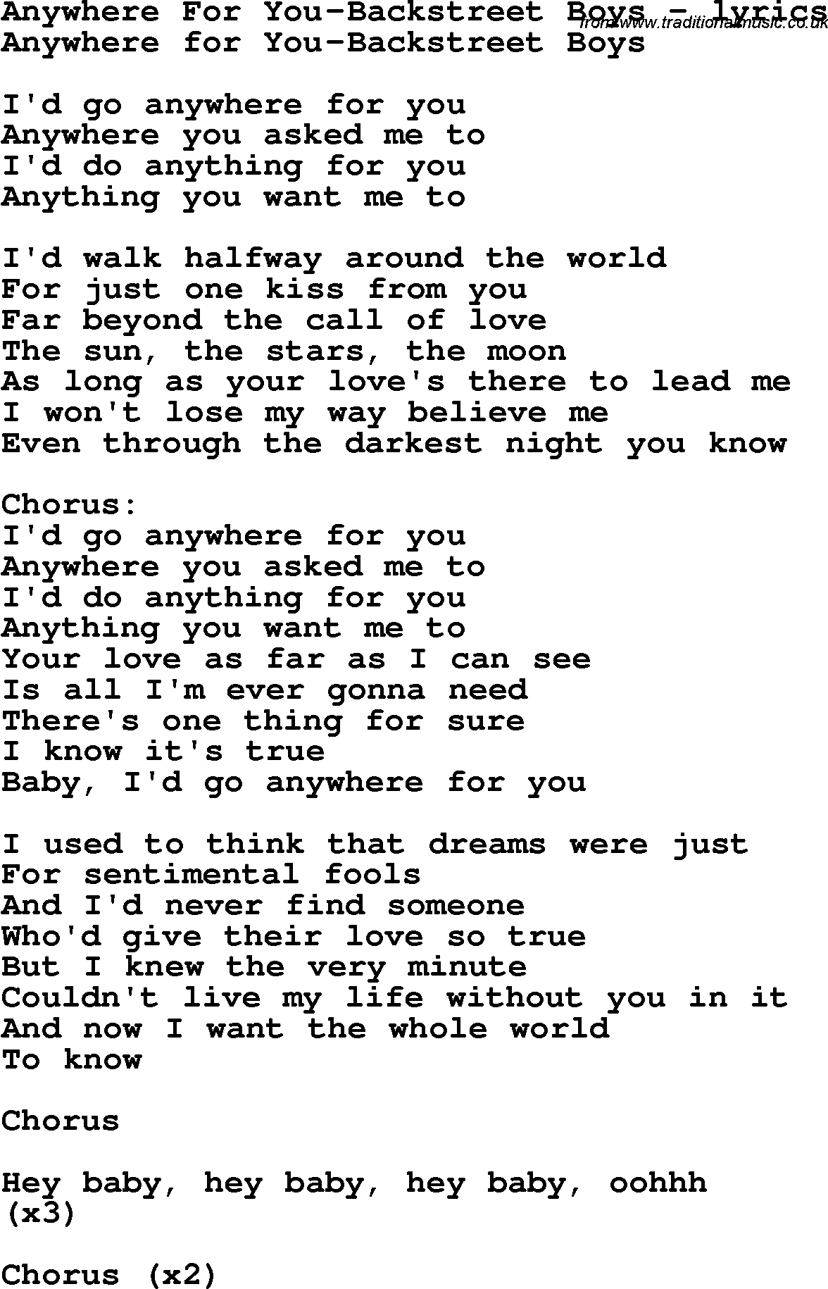 Love Song Lyrics for: Anywhere For You-Backstreet Boys