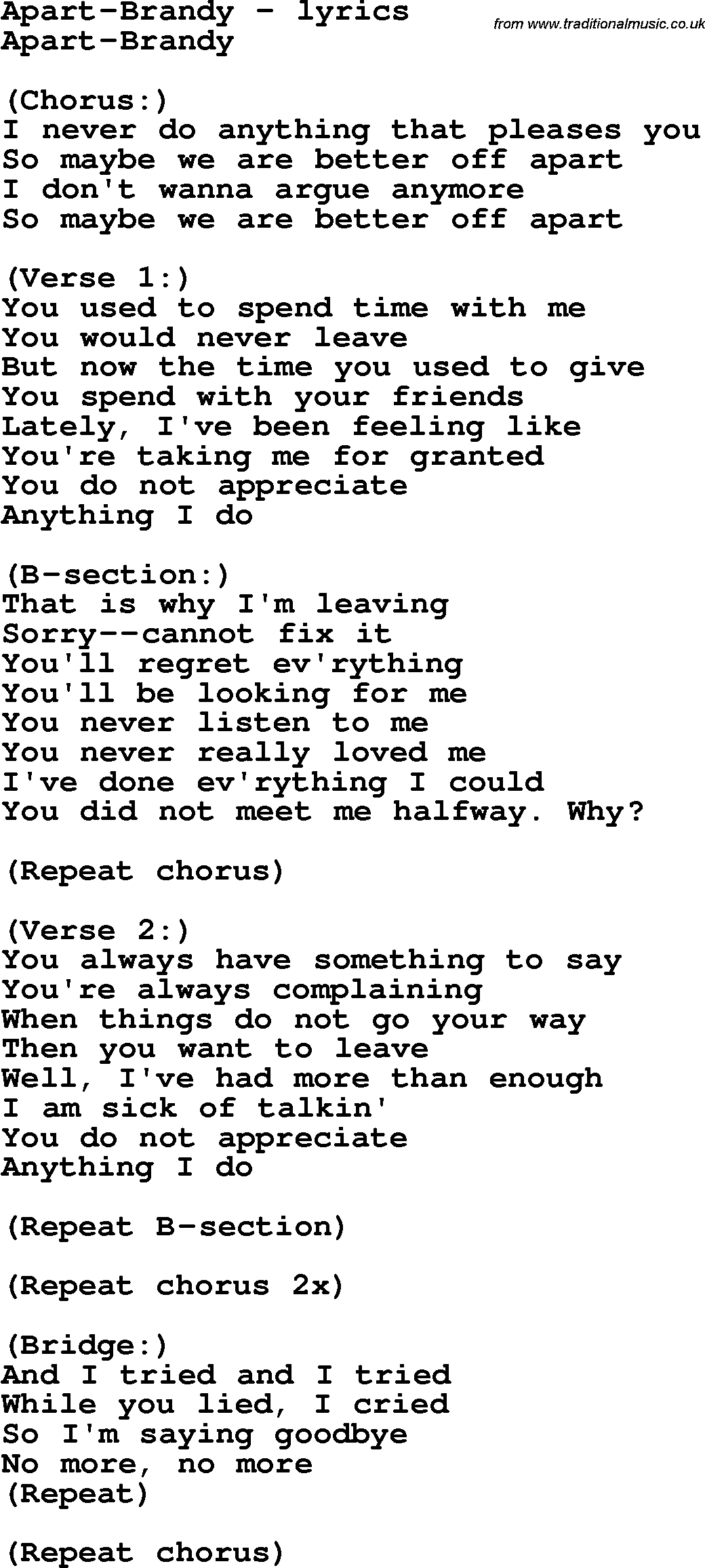 Love Song Lyrics for: Apart-Brandy