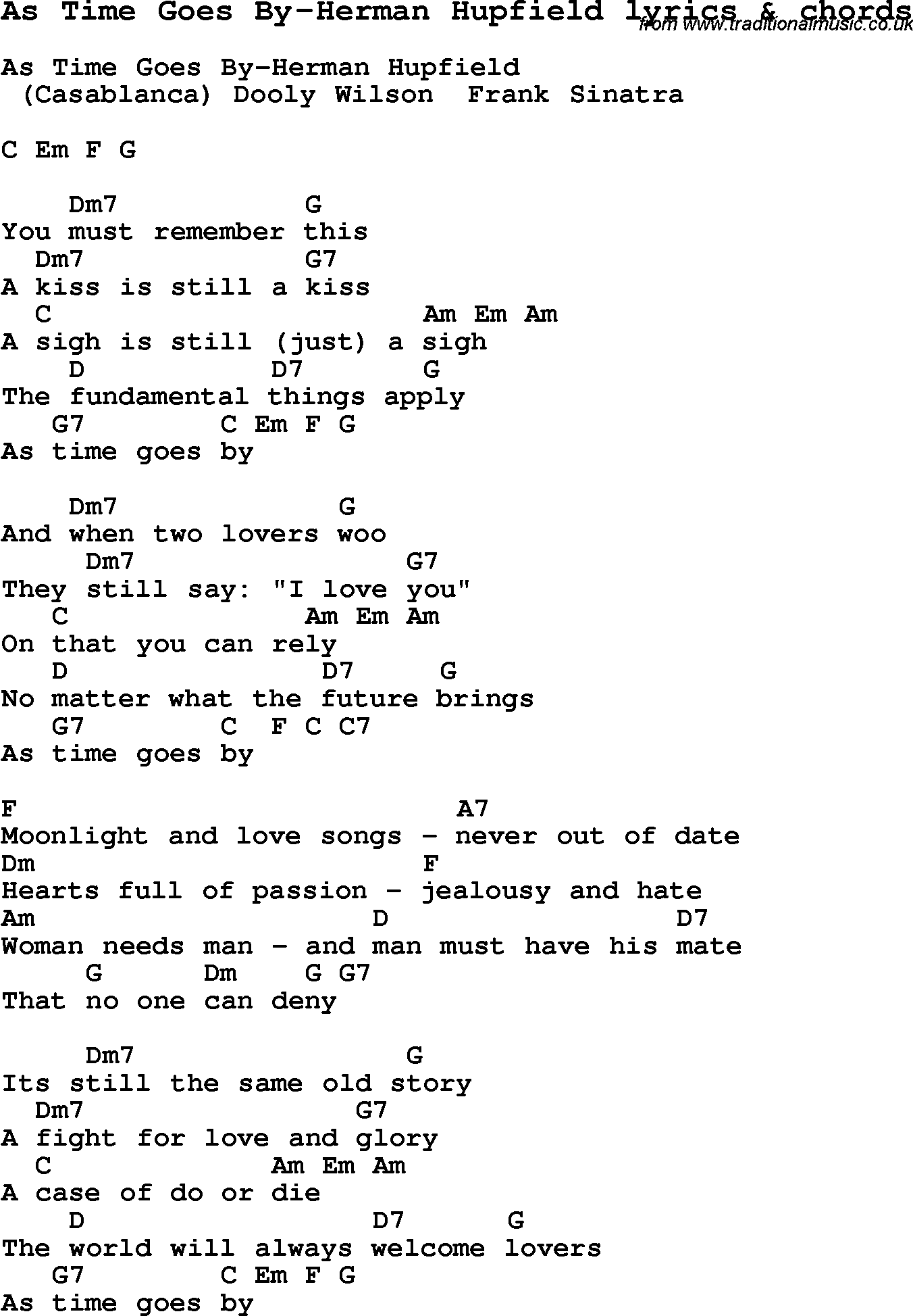 Love Song Lyrics for: As Time Goes By-Herman Hupfield with chords for Ukulele, Guitar Banjo etc.