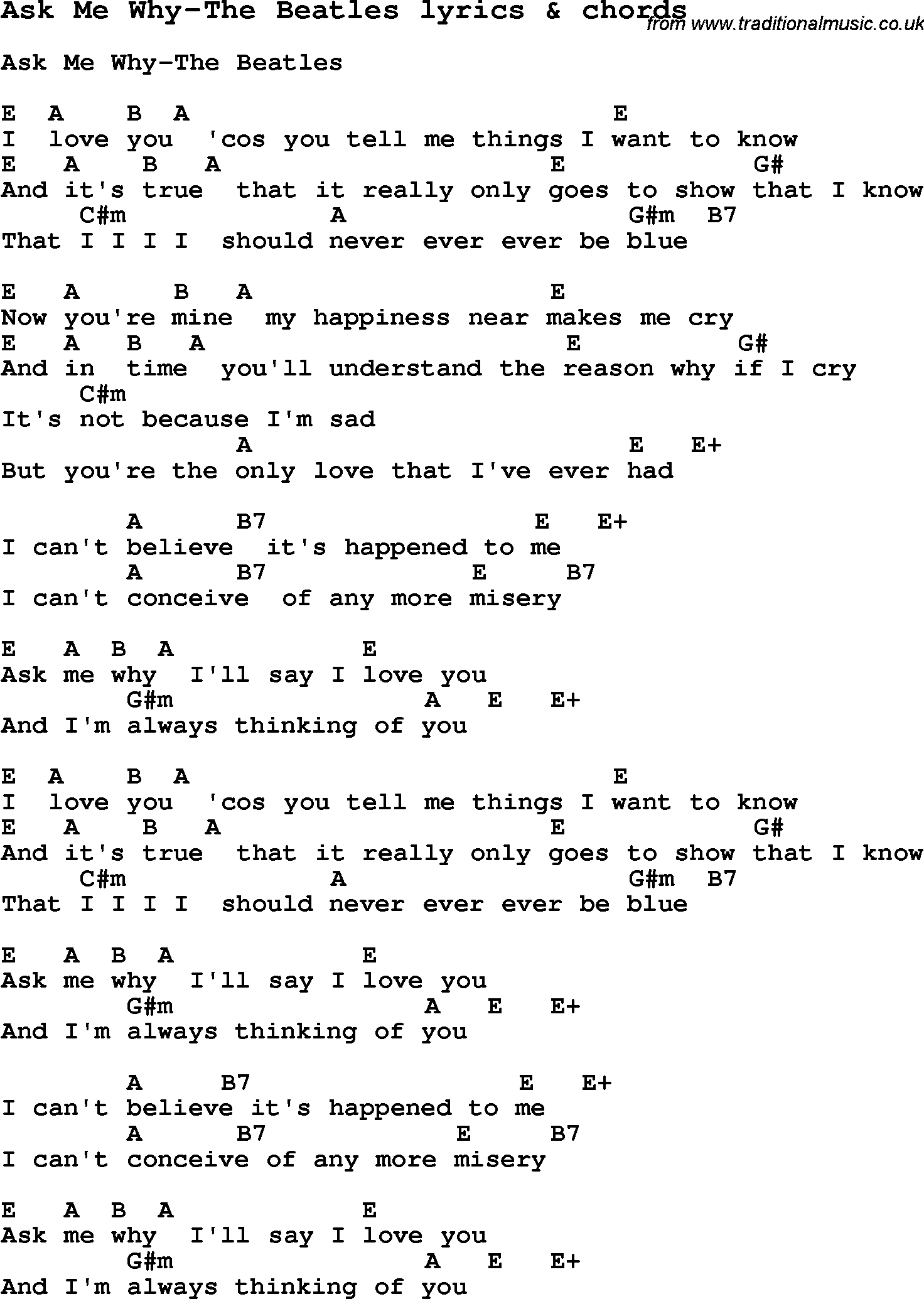 Love Song Lyrics for: Ask Me Why-The Beatles with chords for Ukulele, Guitar Banjo etc.