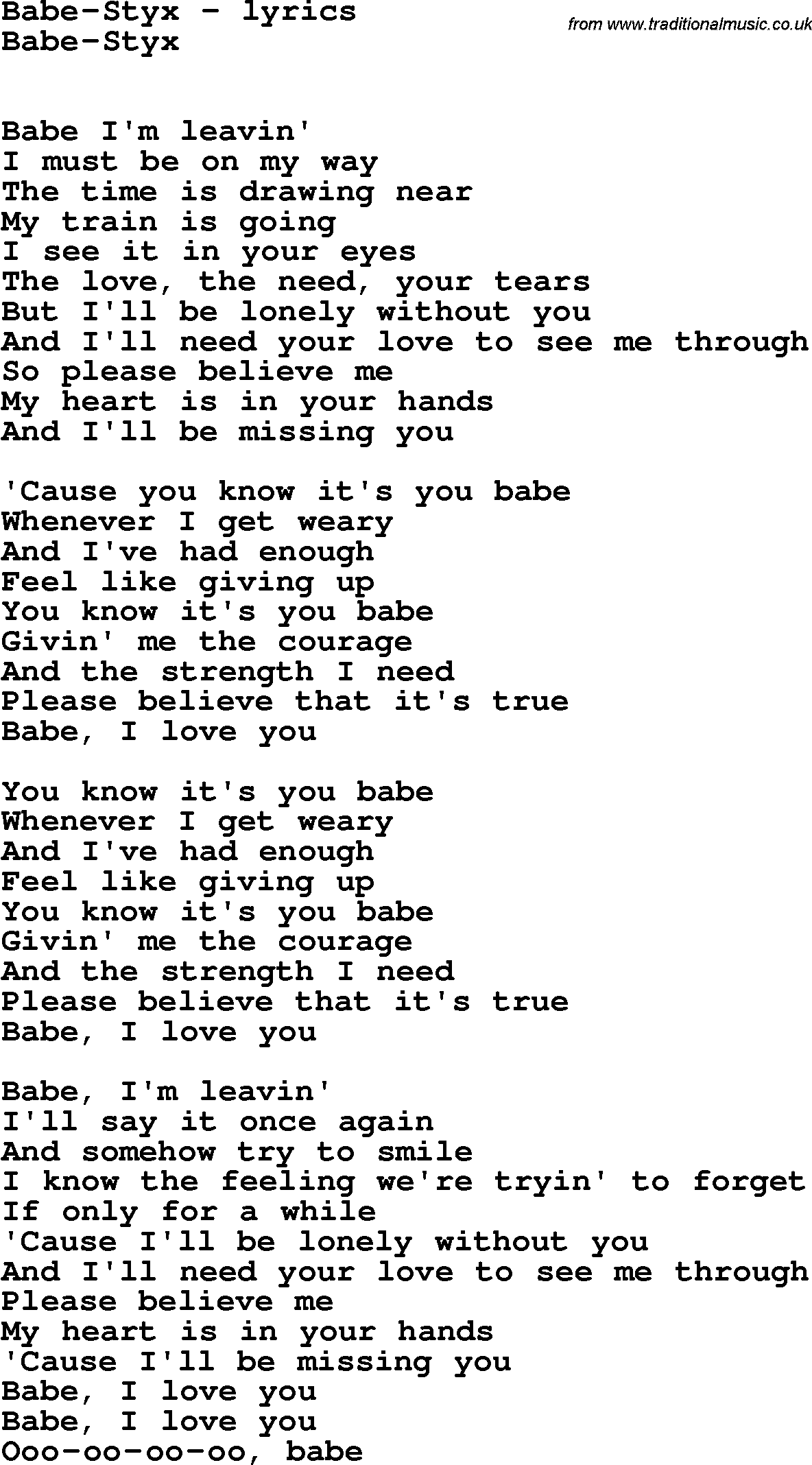 Love Song Lyrics for: Babe-Styx