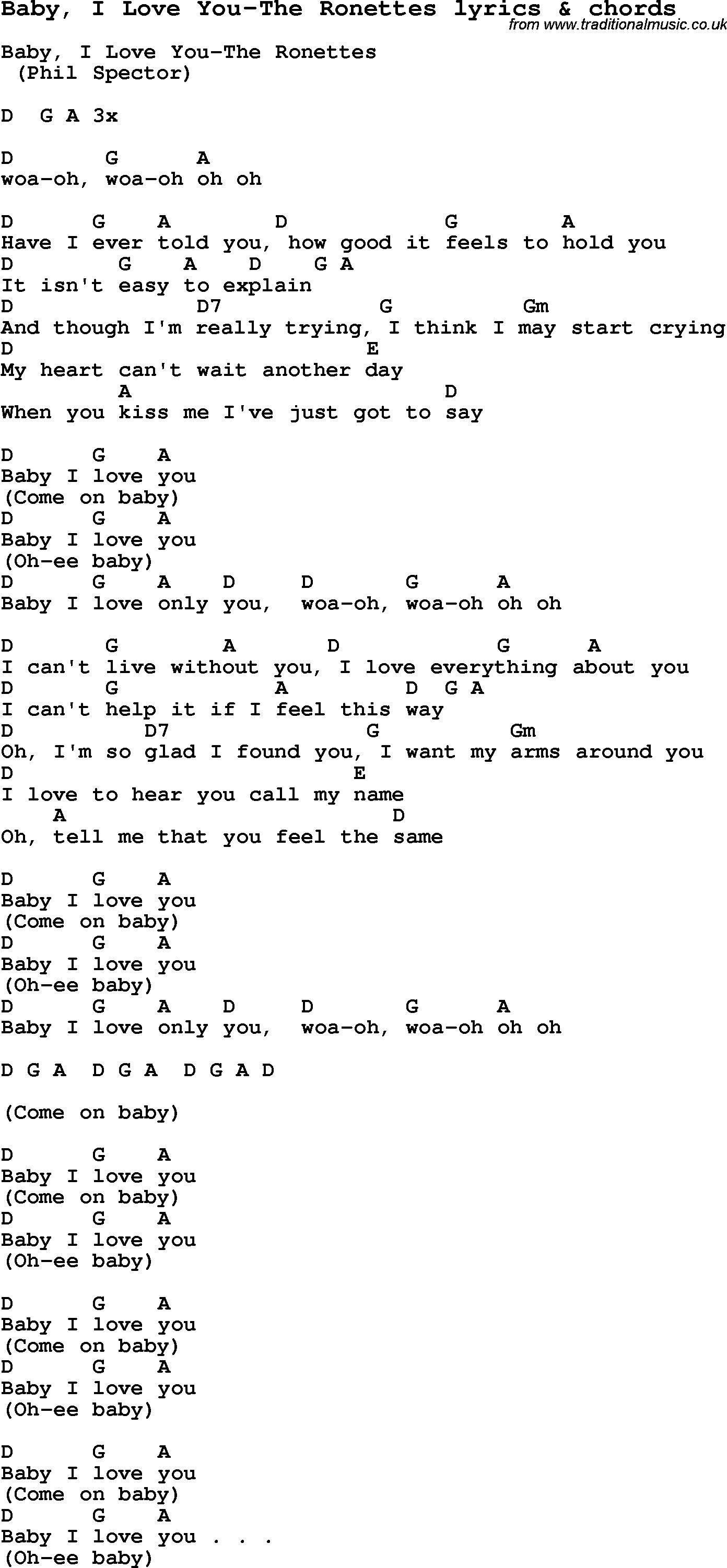 Love Song Lyrics For Baby I Love You The Ronettes With Chords