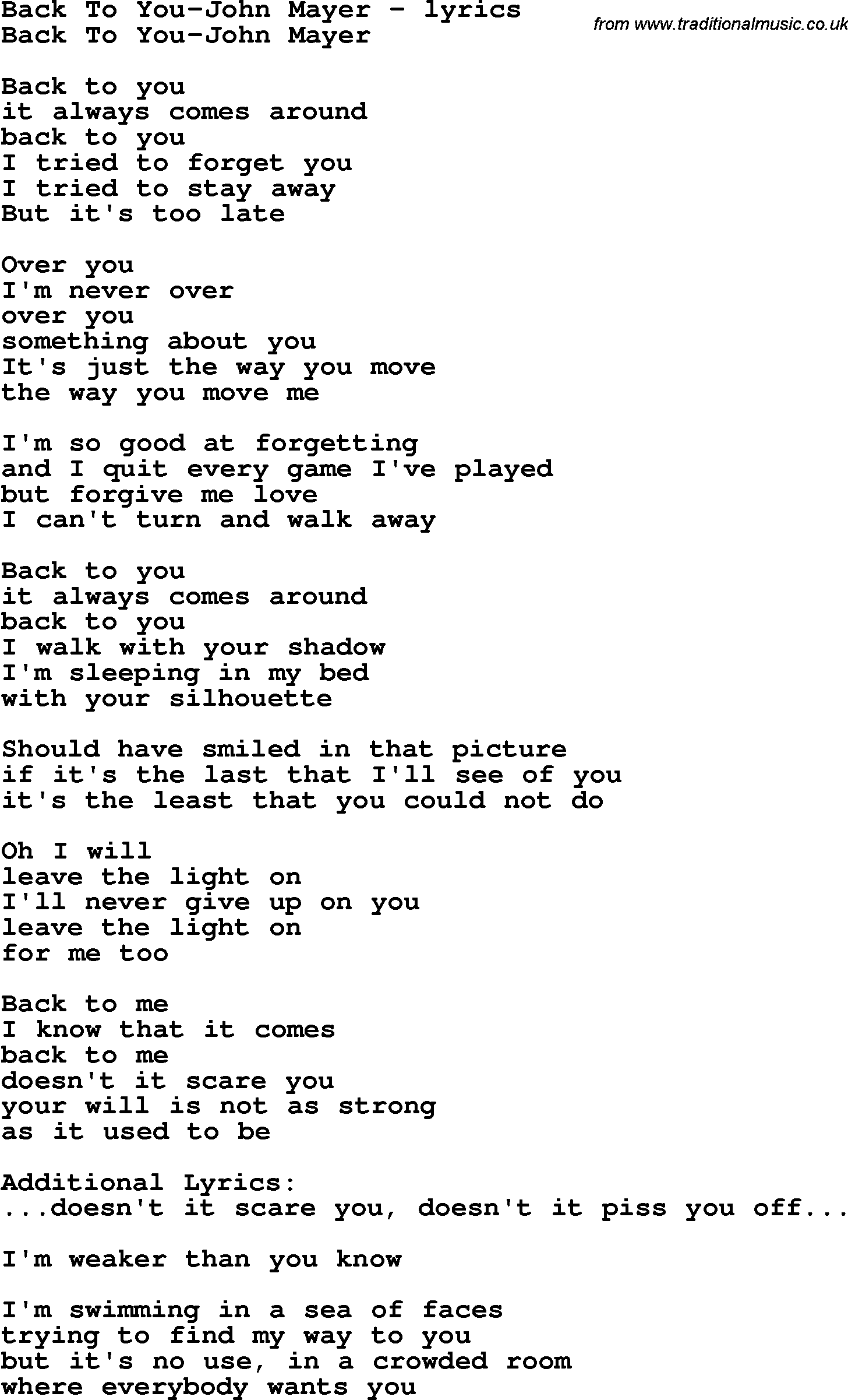 Love Song Lyrics for: Back To You-John Mayer
