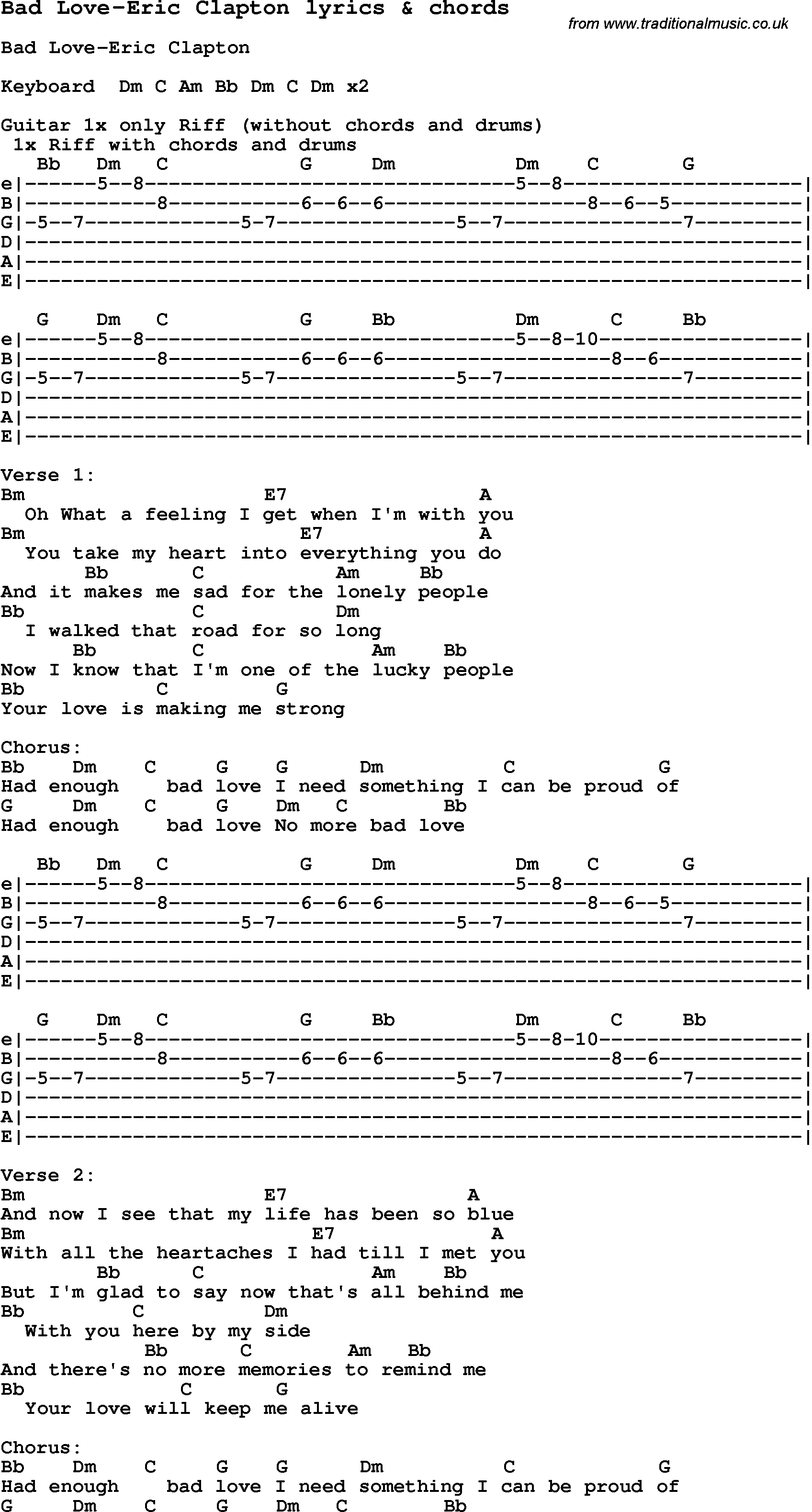 Love Song Lyrics for: Bad Love-Eric Clapton with chords for Ukulele, Guitar Banjo etc.