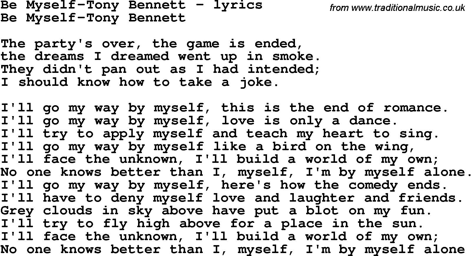 Love Song Lyrics for: Be Myself-Tony Bennett